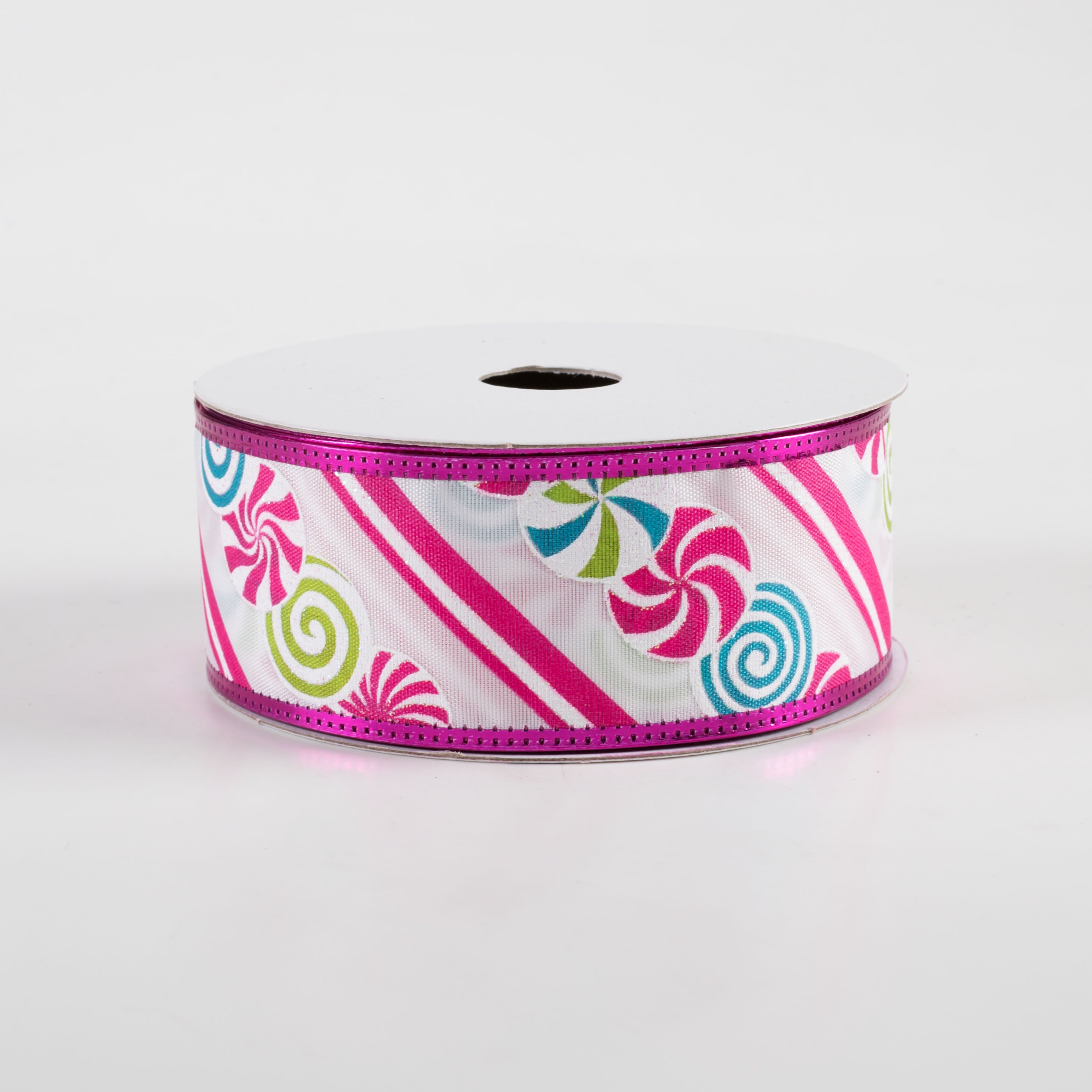 1.5" Satin Christmas Candy Diagonal Stripe & Metallic Edge Ribbon: Fuchsia (10 Yards)