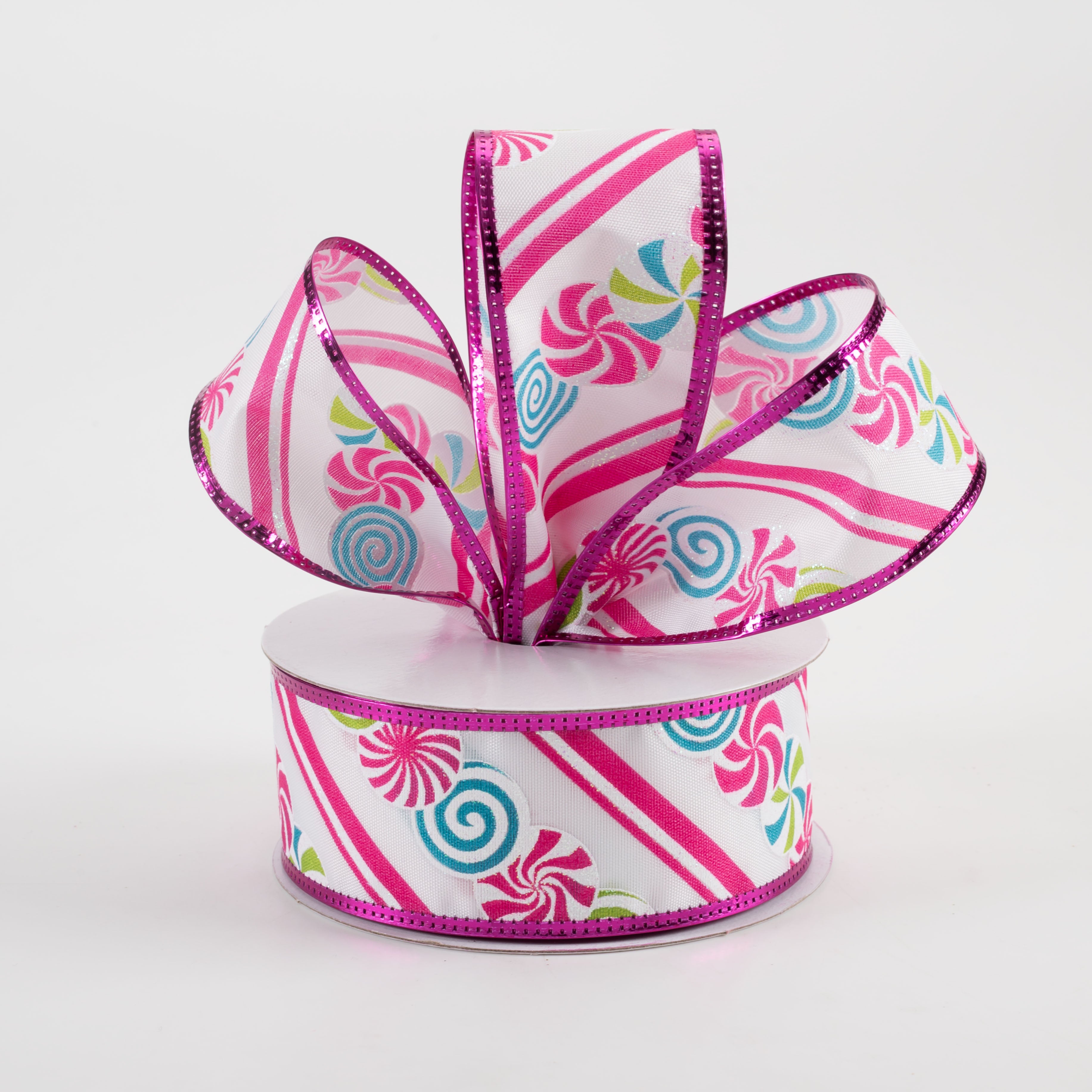 1.5" Satin Christmas Candy Diagonal Stripe & Metallic Edge Ribbon: Fuchsia (10 Yards) Lifestyle Photo