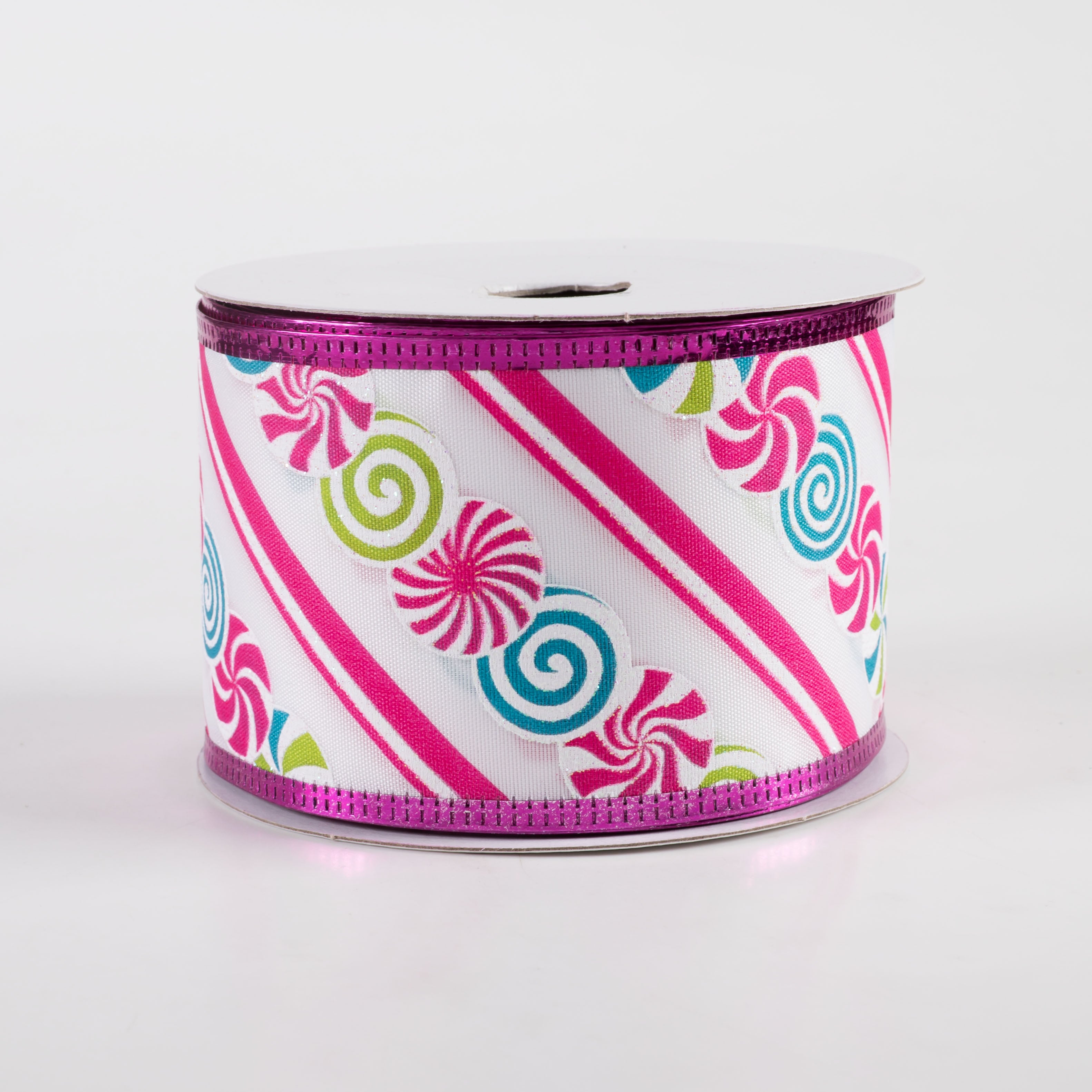 2.5" Satin Christmas Candy Diagonal Stripe & Metallic Edge Ribbon: Fuchsia (10 Yards)