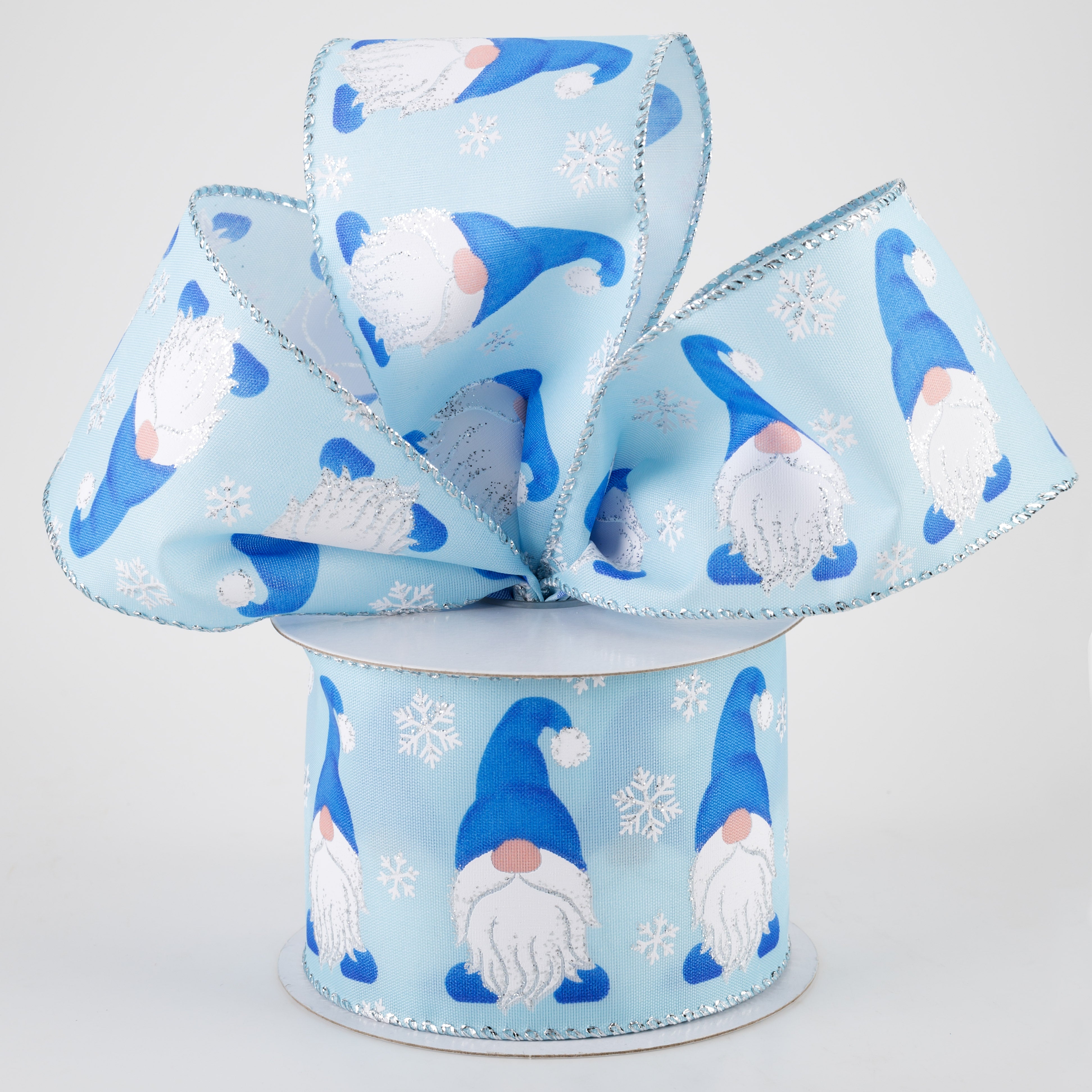 2.5" Satin Christmas Gnome Ribbon: Light Blue, Silver (10 Yards) Lifestyle Photo