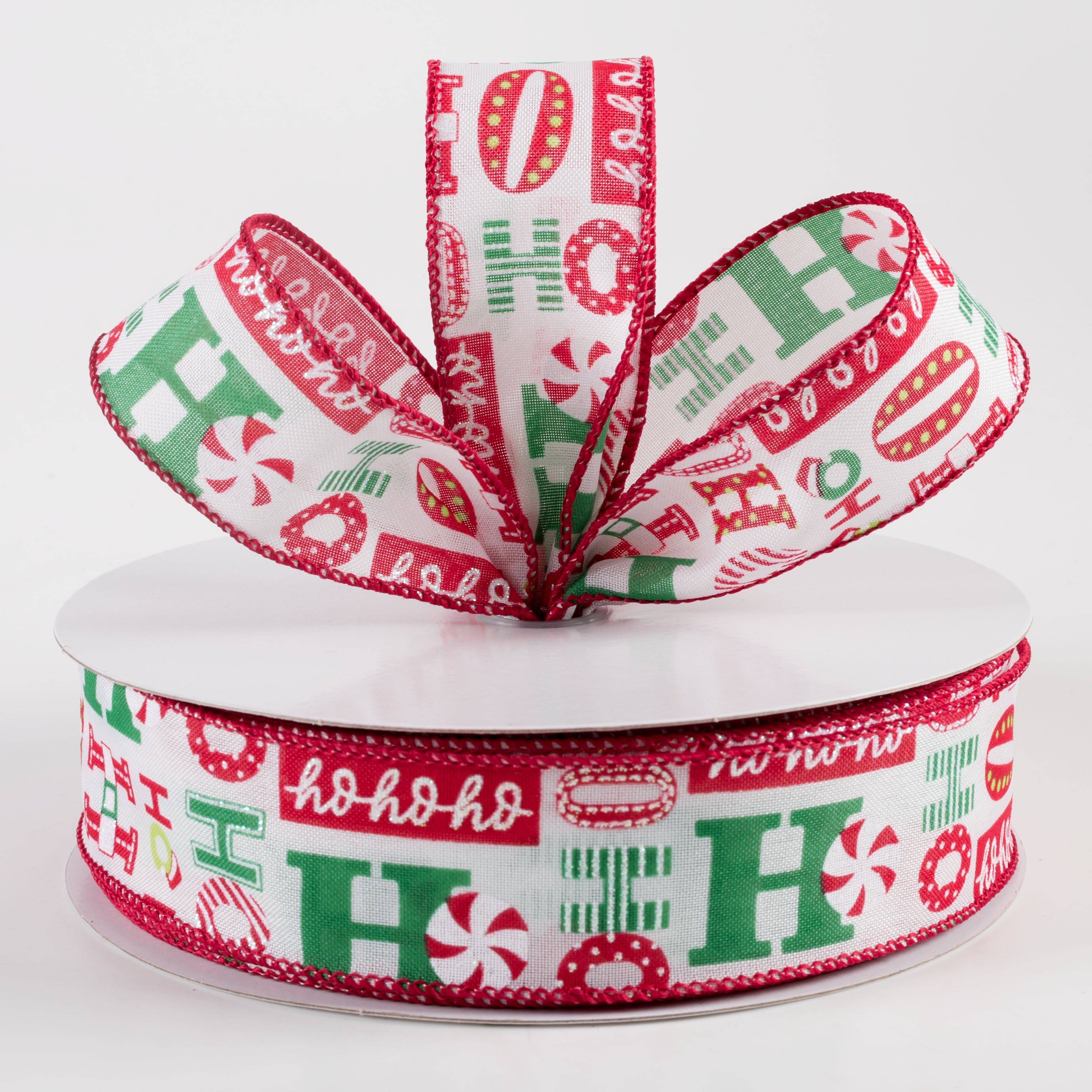 1.5" Satin Christmas Ho Ho Ho Ribbon: White, Red, Green (50 Yards) Lifestyle Photo