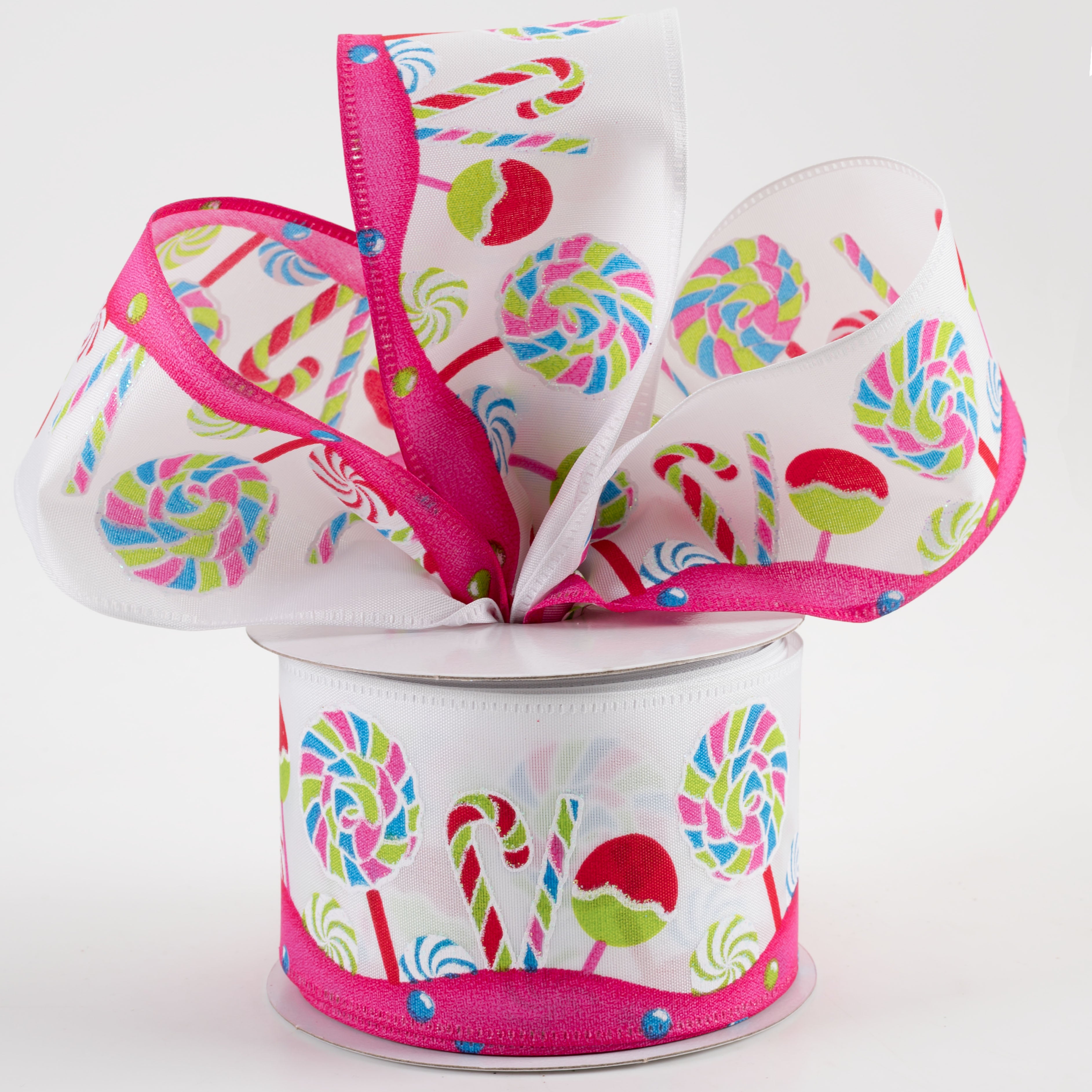 2.5" Satin Christmas Lollipops Candy Ribbon: White, Teal, Pink (10 Yards) Lifestyle Photo
