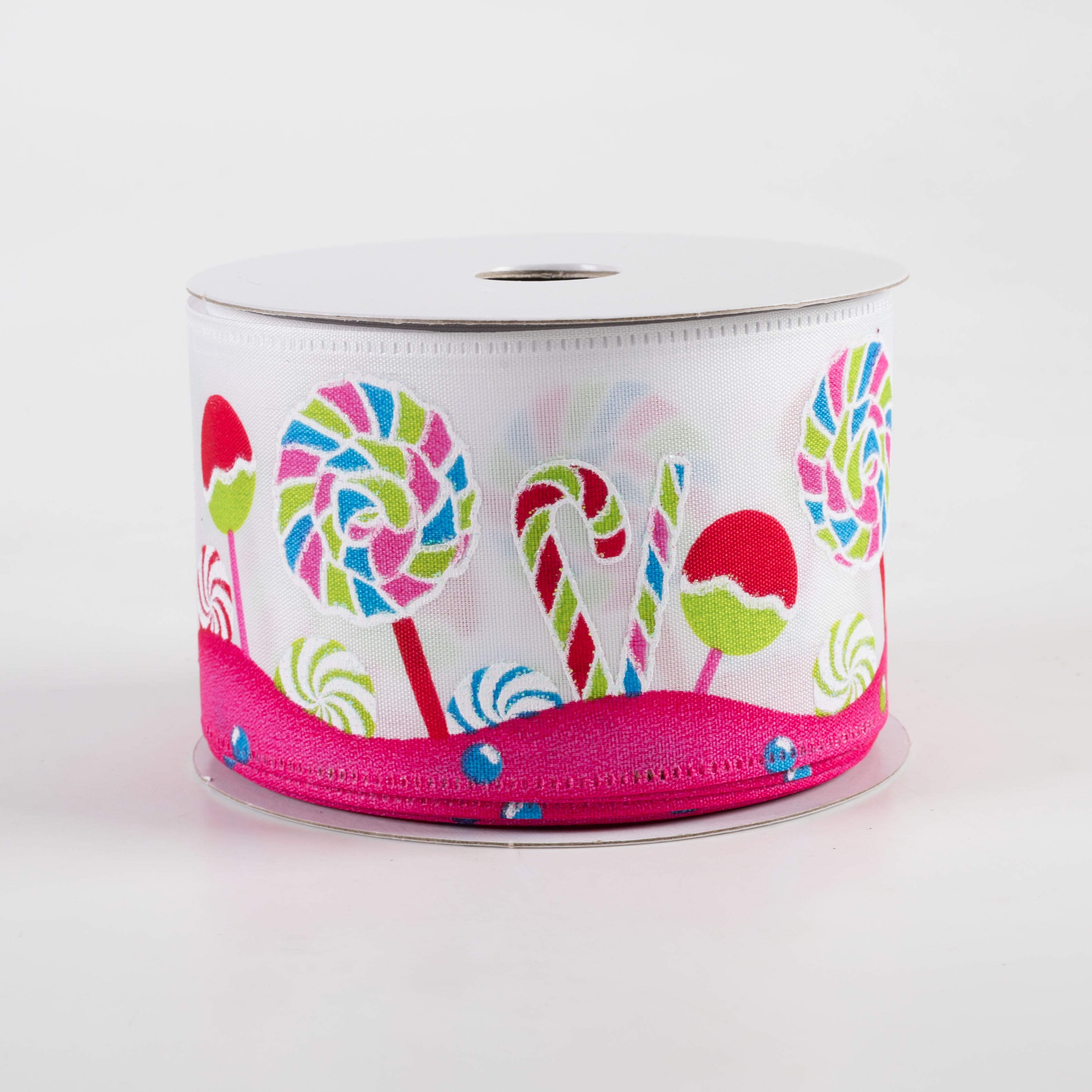 2.5" Satin Christmas Lollipops Candy Ribbon: White, Teal, Pink (10 Yards)