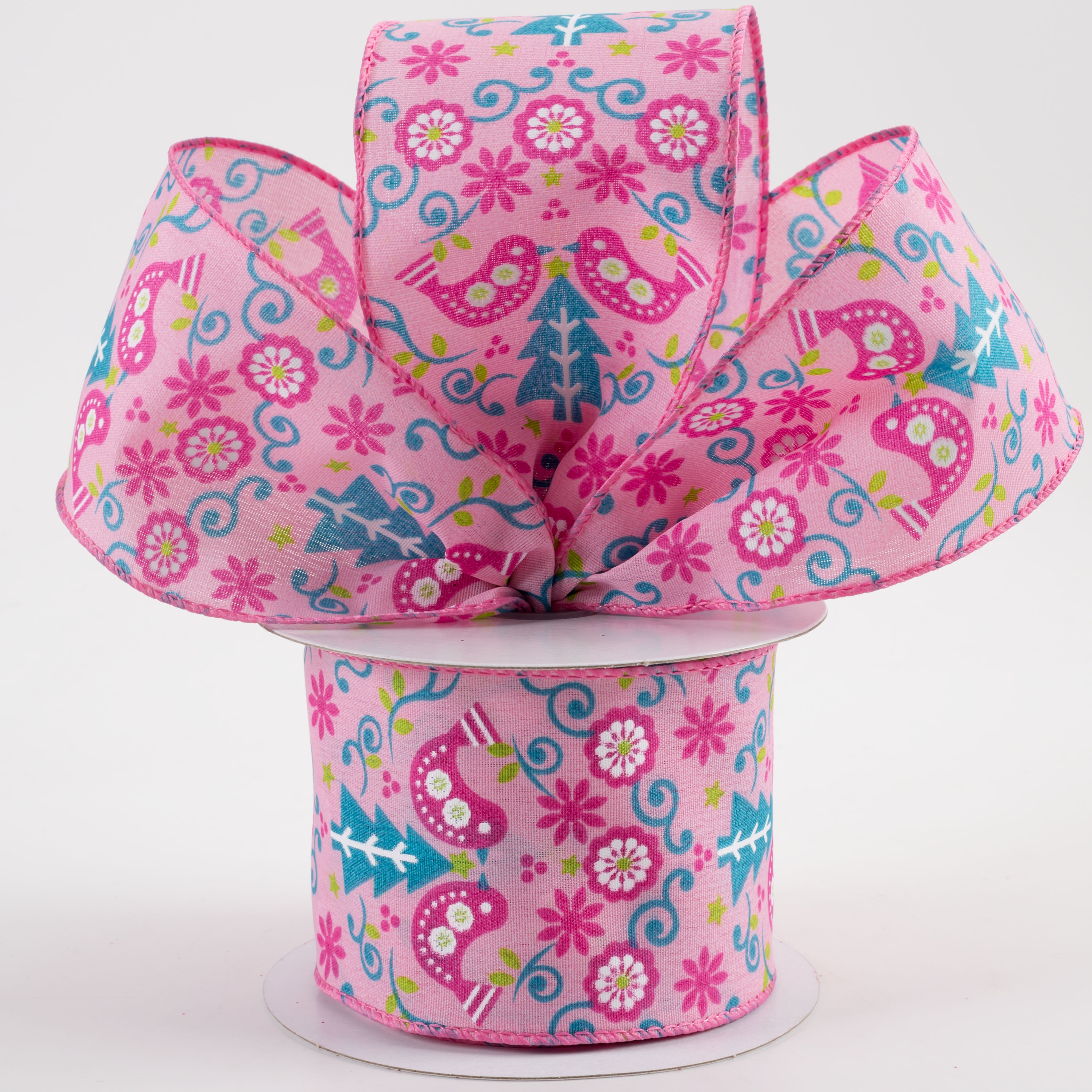 2.5" Satin Christmas Tree Birds Damask Ribbon: Pink & Blue (10 Yards) Lifestyle Photo