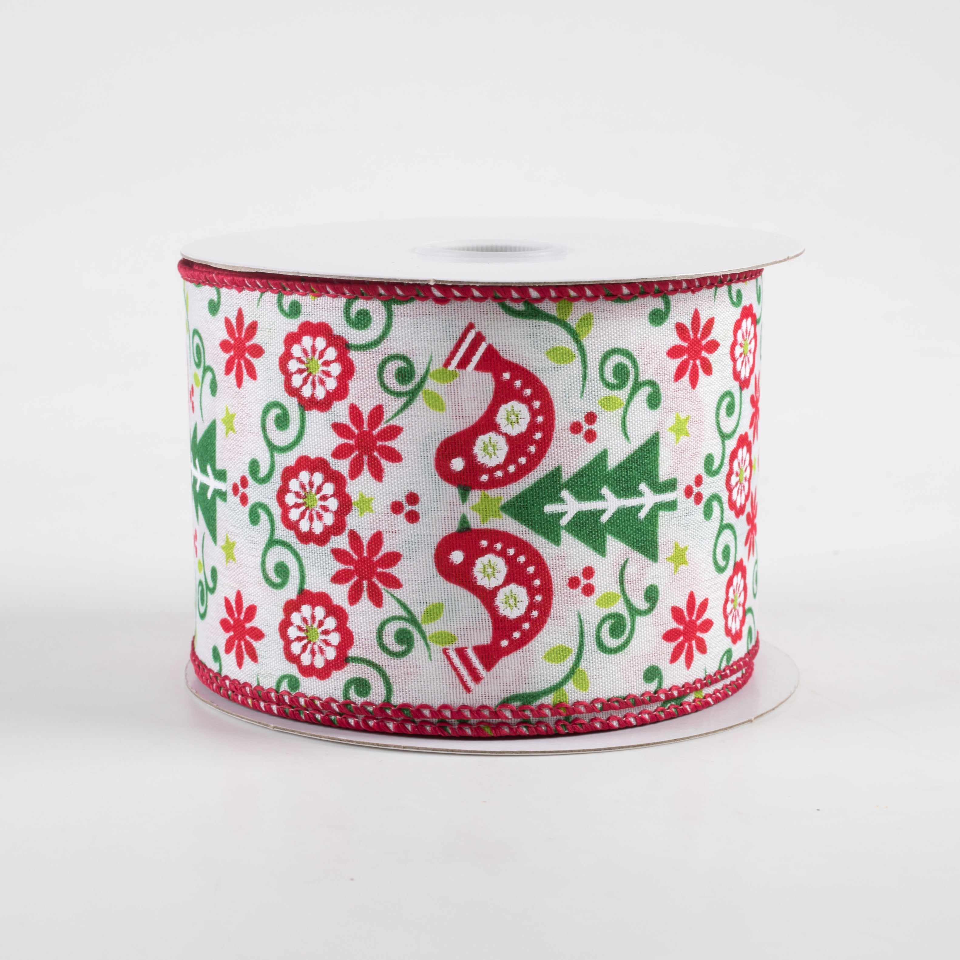 2.5" Satin Christmas Tree Birds Damask Ribbon: Red & Green (10 Yards) Item Number: 71388-40-01