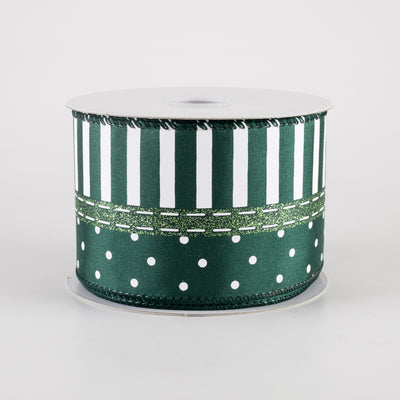 2.5" Satin Dots & Stripes Ribbon: Dark Green & White (10 Yards)