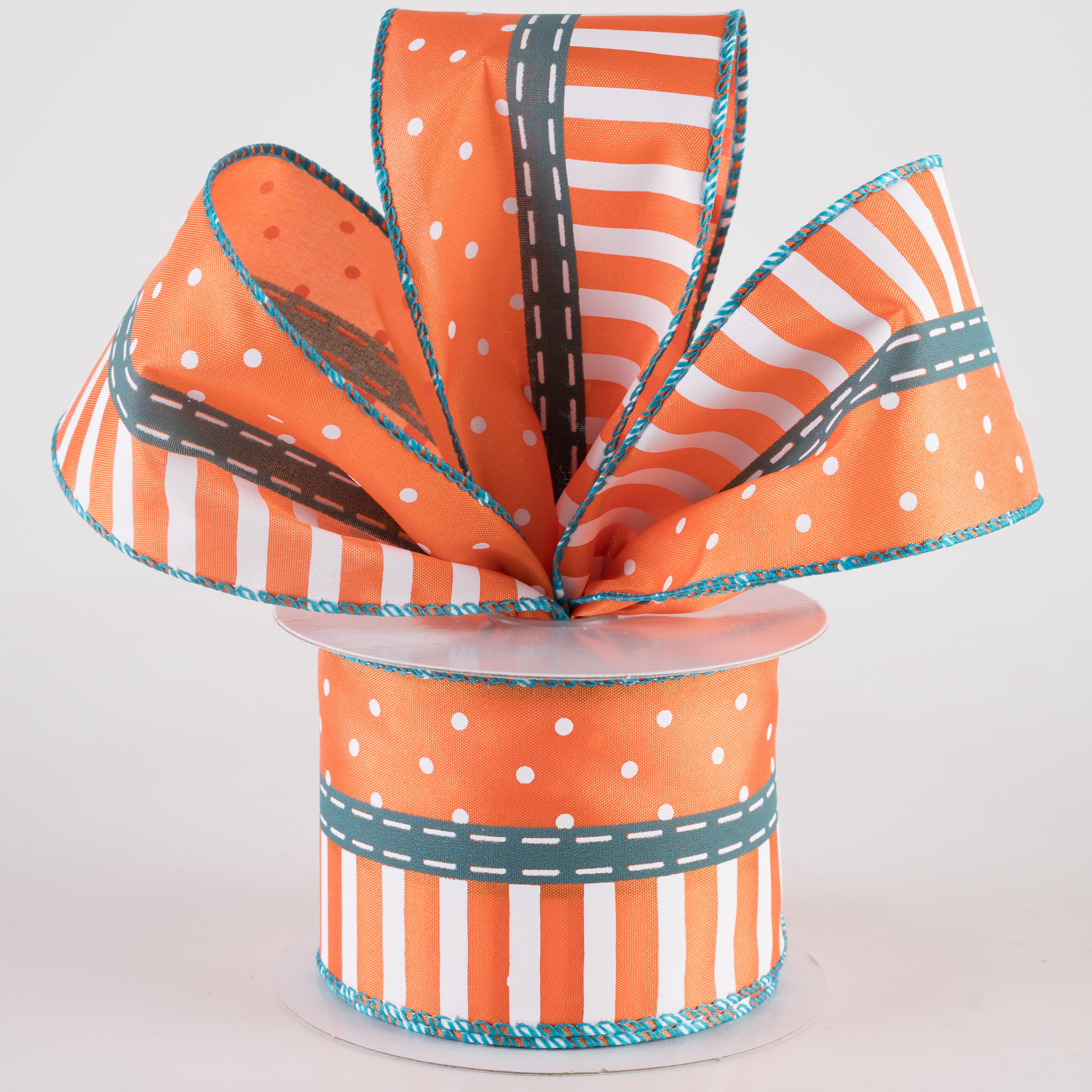 2.5" Satin Dots & Stripes Ribbon: Teal Blue & Orange (10 Yards) Lifestyle Photo