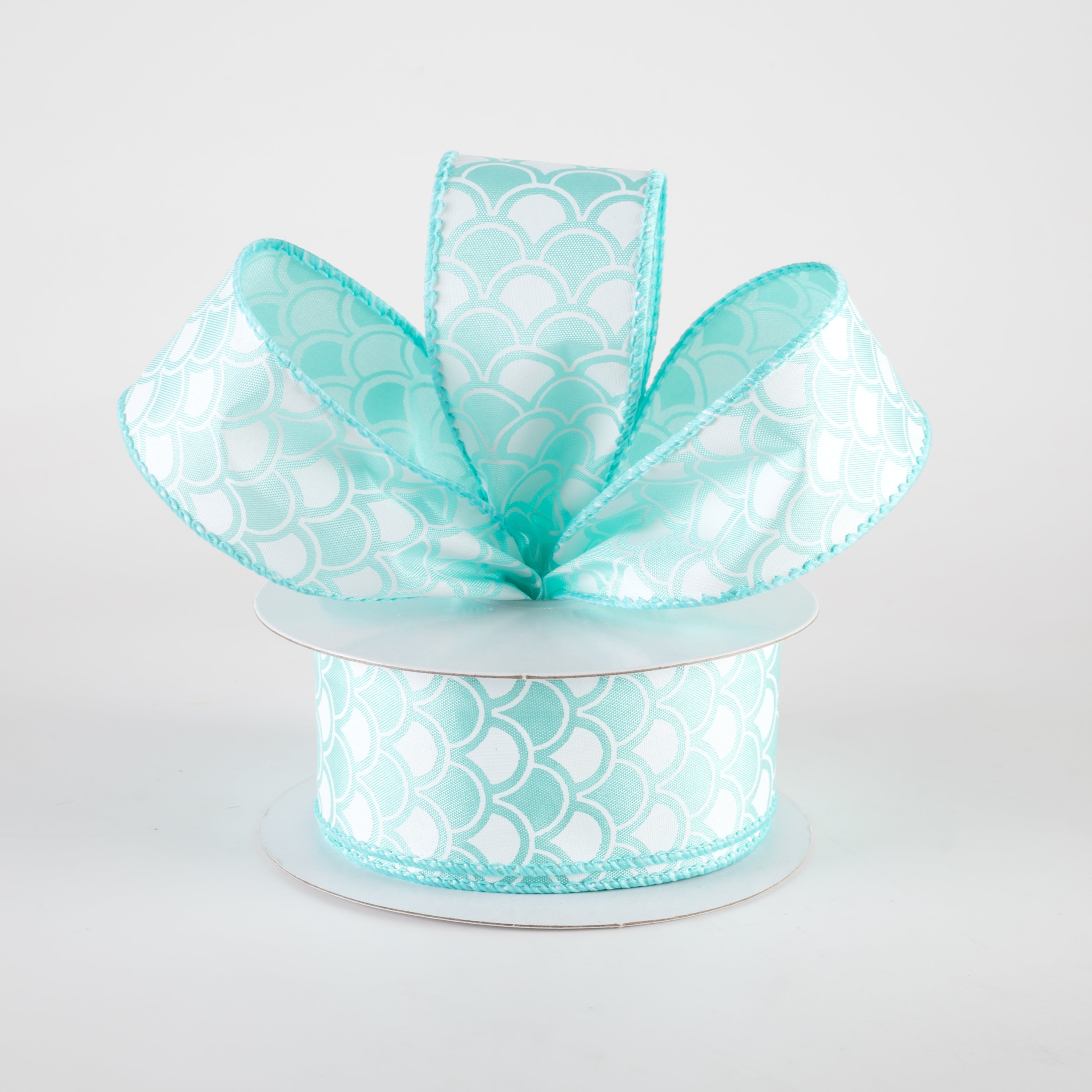 1.5" Satin Fish Scales Mermaid Ribbon: Aqua & White (10 Yards) Lifestyle Photo