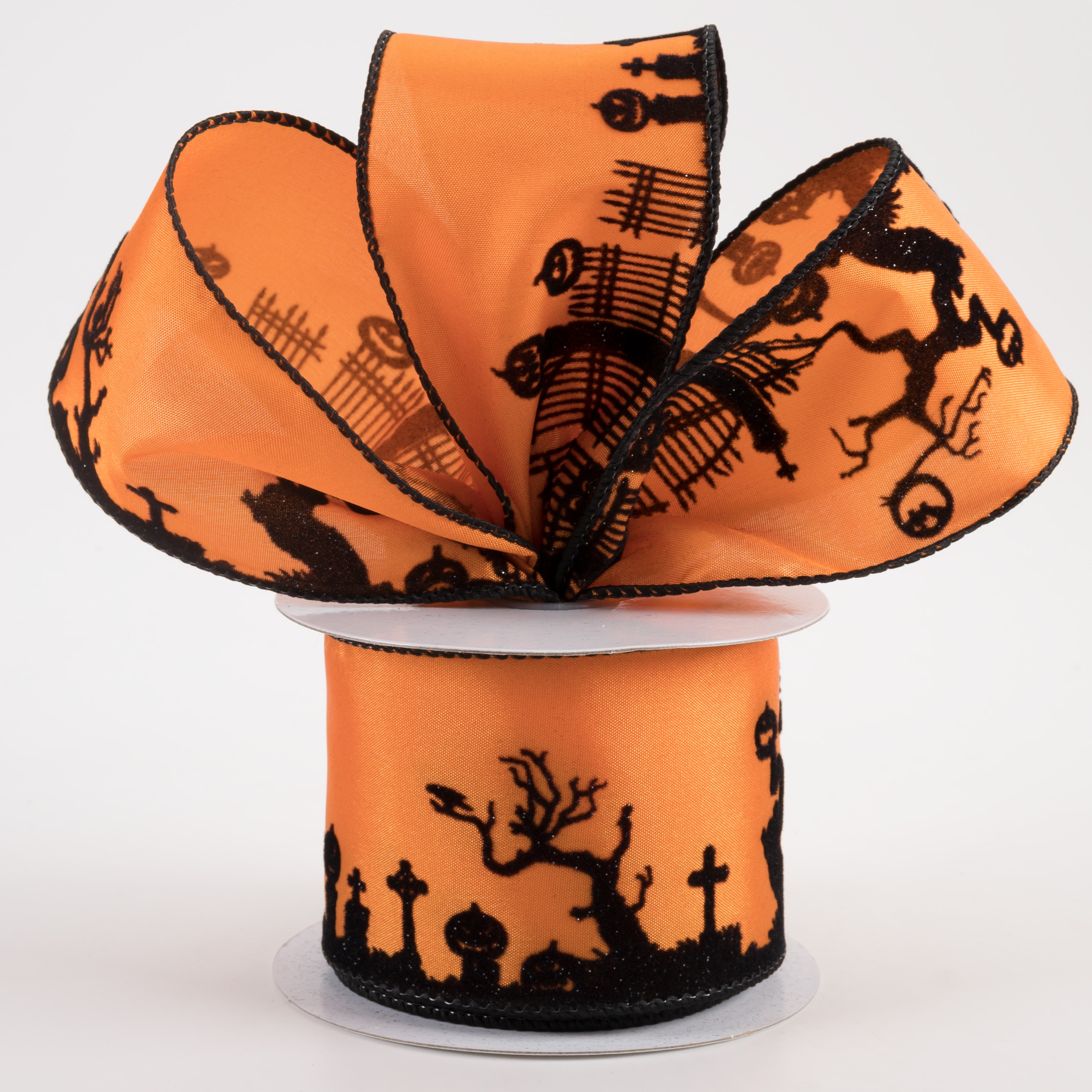 2.5" Satin Flocked Halloween Scene Ribbon: Orange (10 Yards) Lifestyle Photo