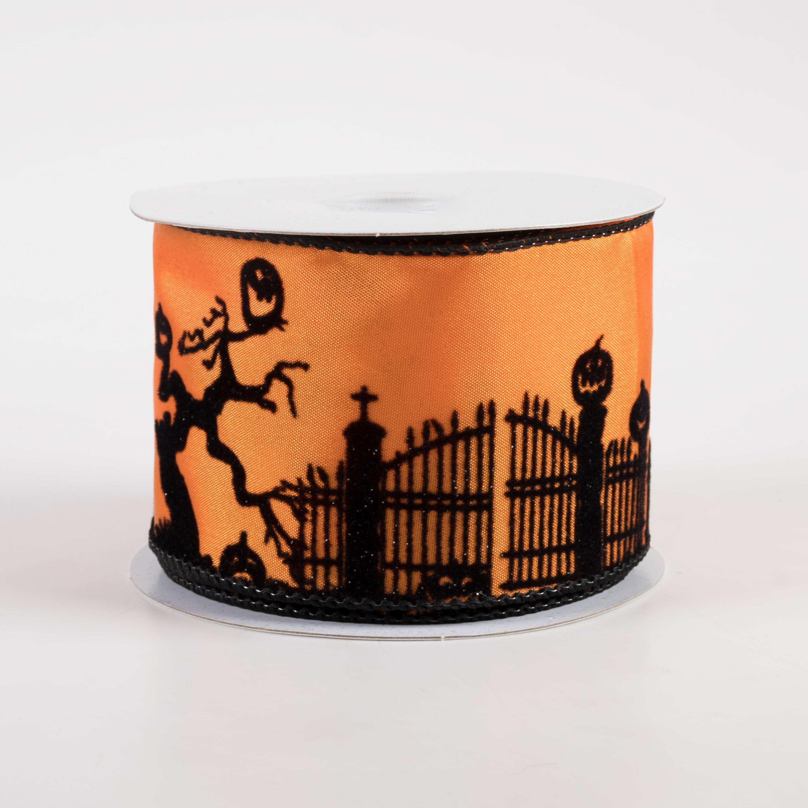 2.5" Satin Flocked Halloween Scene Ribbon: Orange (10 Yards)