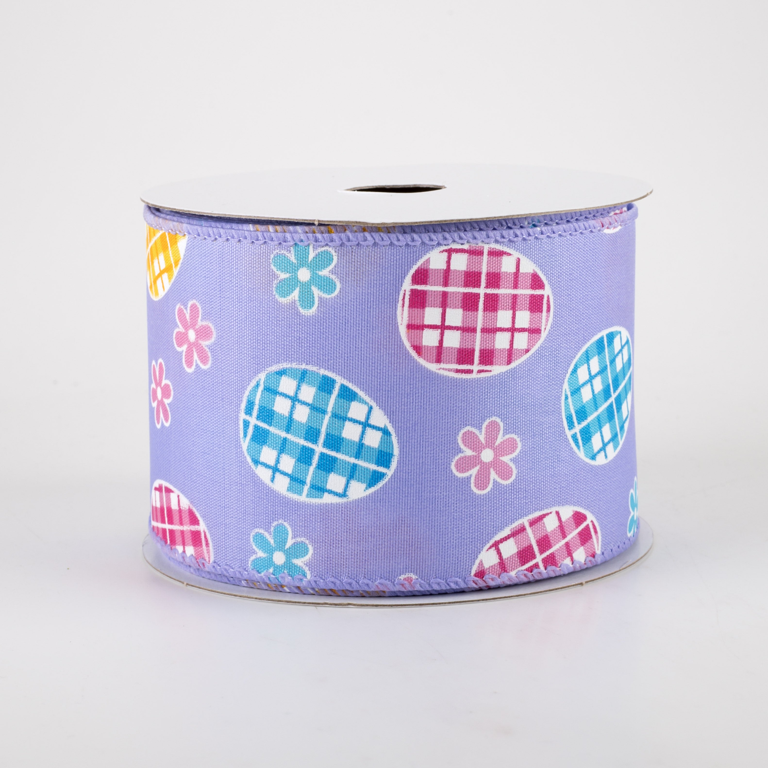 2.5" Satin Gingham Easter Eggs Ribbon: Lavender (10 Yards)