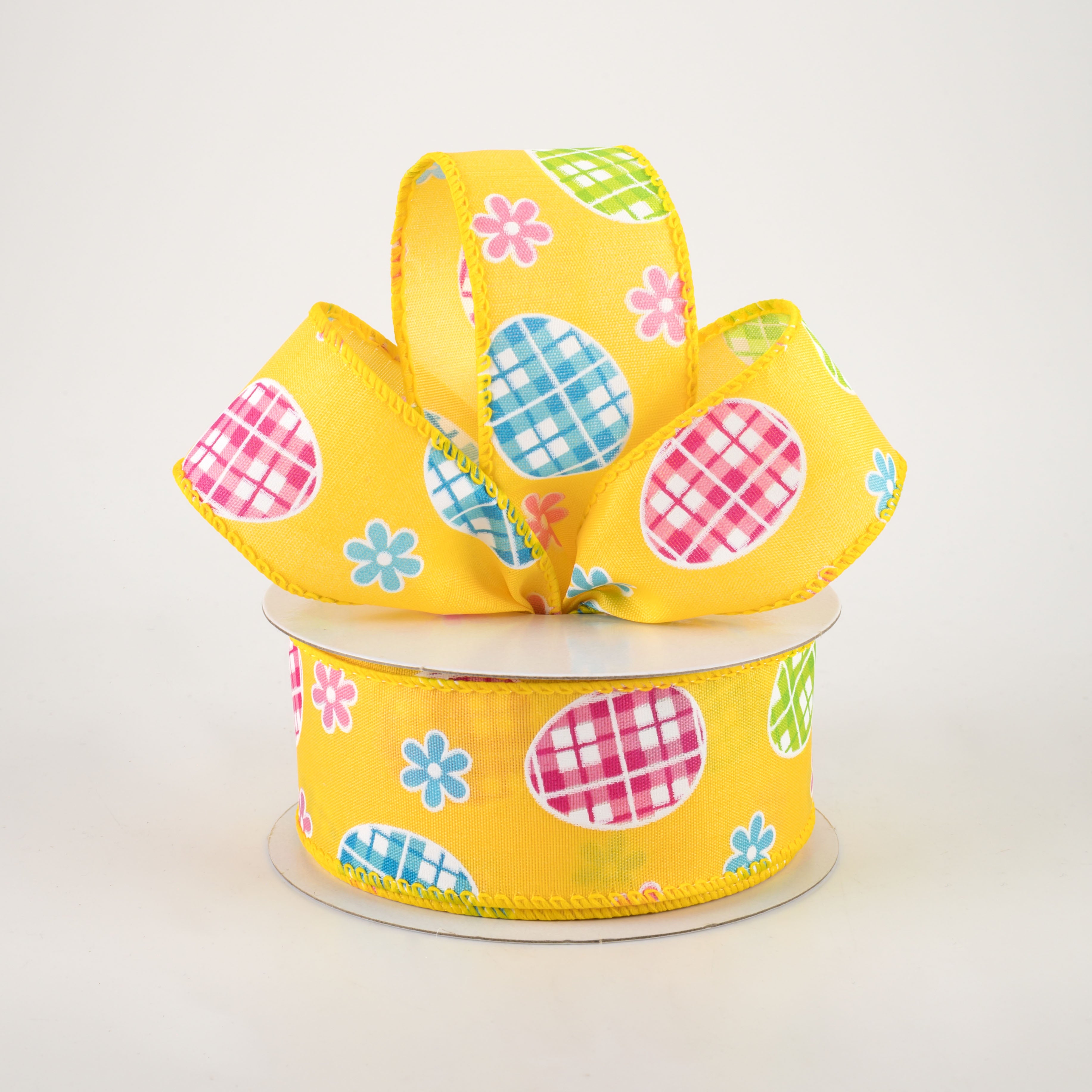 1.5" Satin Gingham Easter Eggs Ribbon: Yellow (10 Yards) Lifestyle Photo