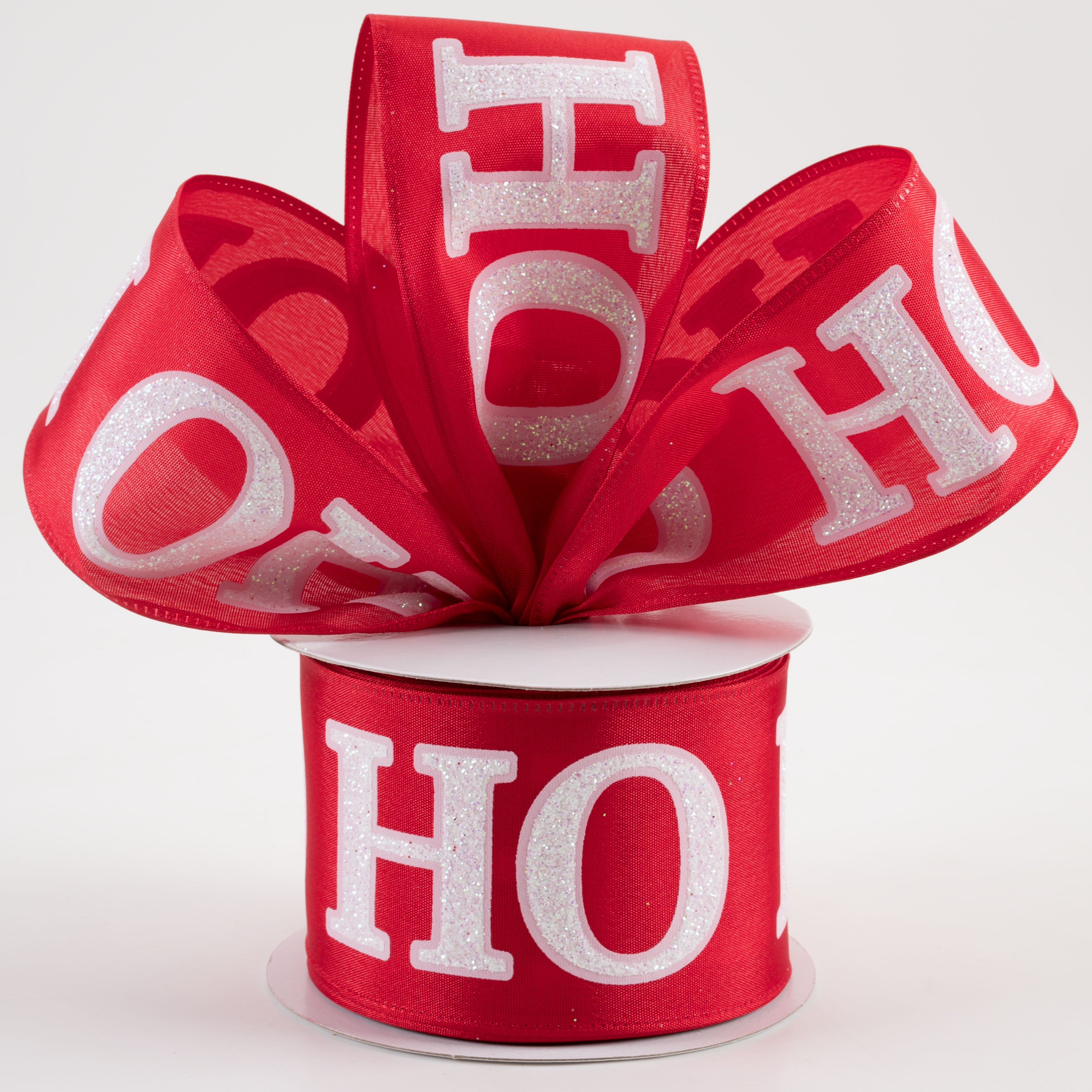 2.5" Satin Glitter Ho Ho Ho Ribbon: Red & White (10 Yards) Lifestyle Photo