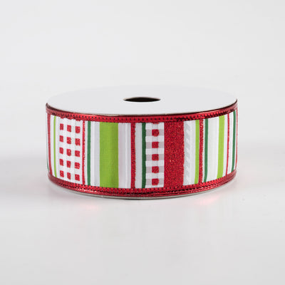 1.5" Satin Glitter Stripe Metallic Edge Ribbon: Green, Lime, Red (10 Yards) Item Number: 76302-09-09