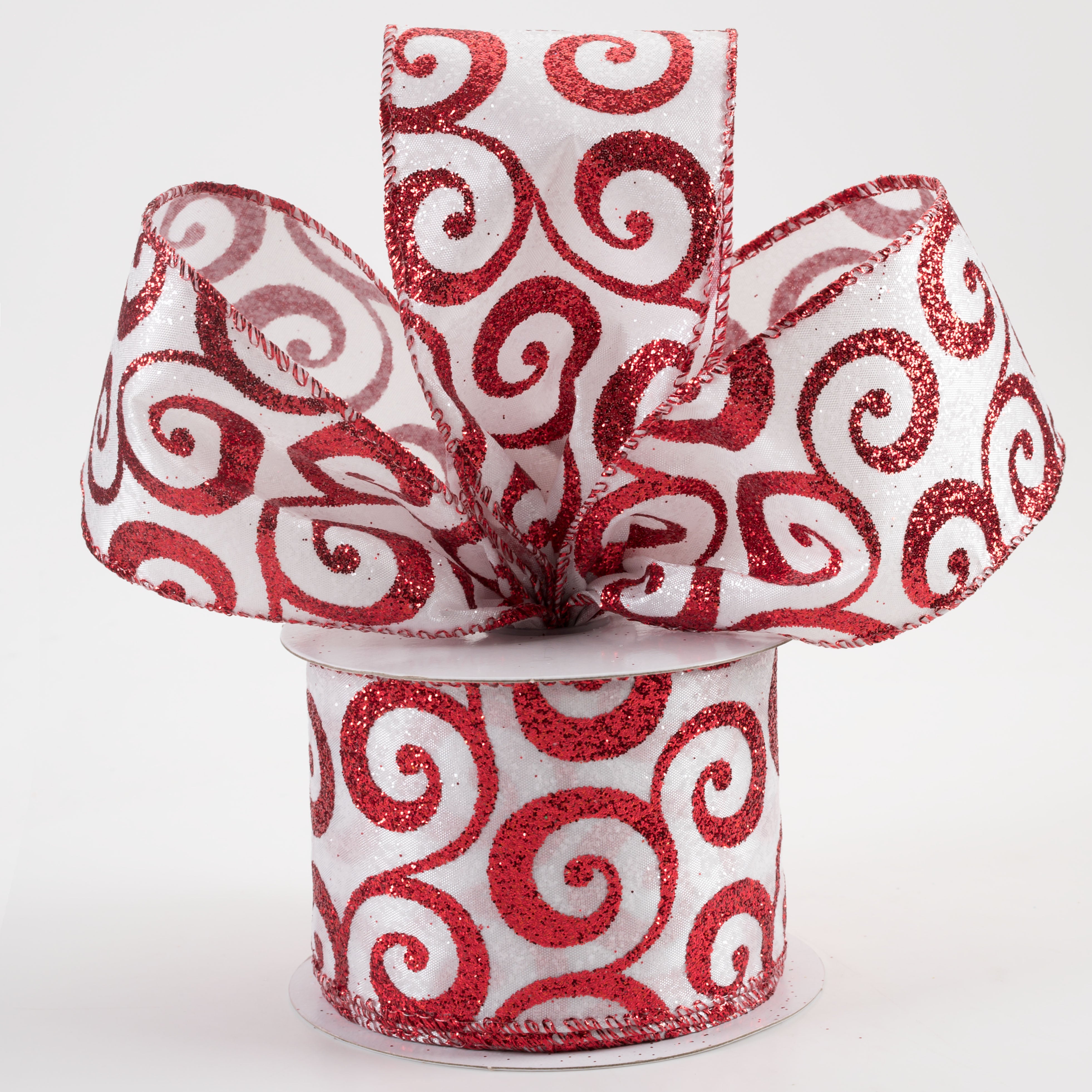 2.5" Satin Glitter Swirl Ribbon: White & Red (10 Yards) Lifestyle Photo