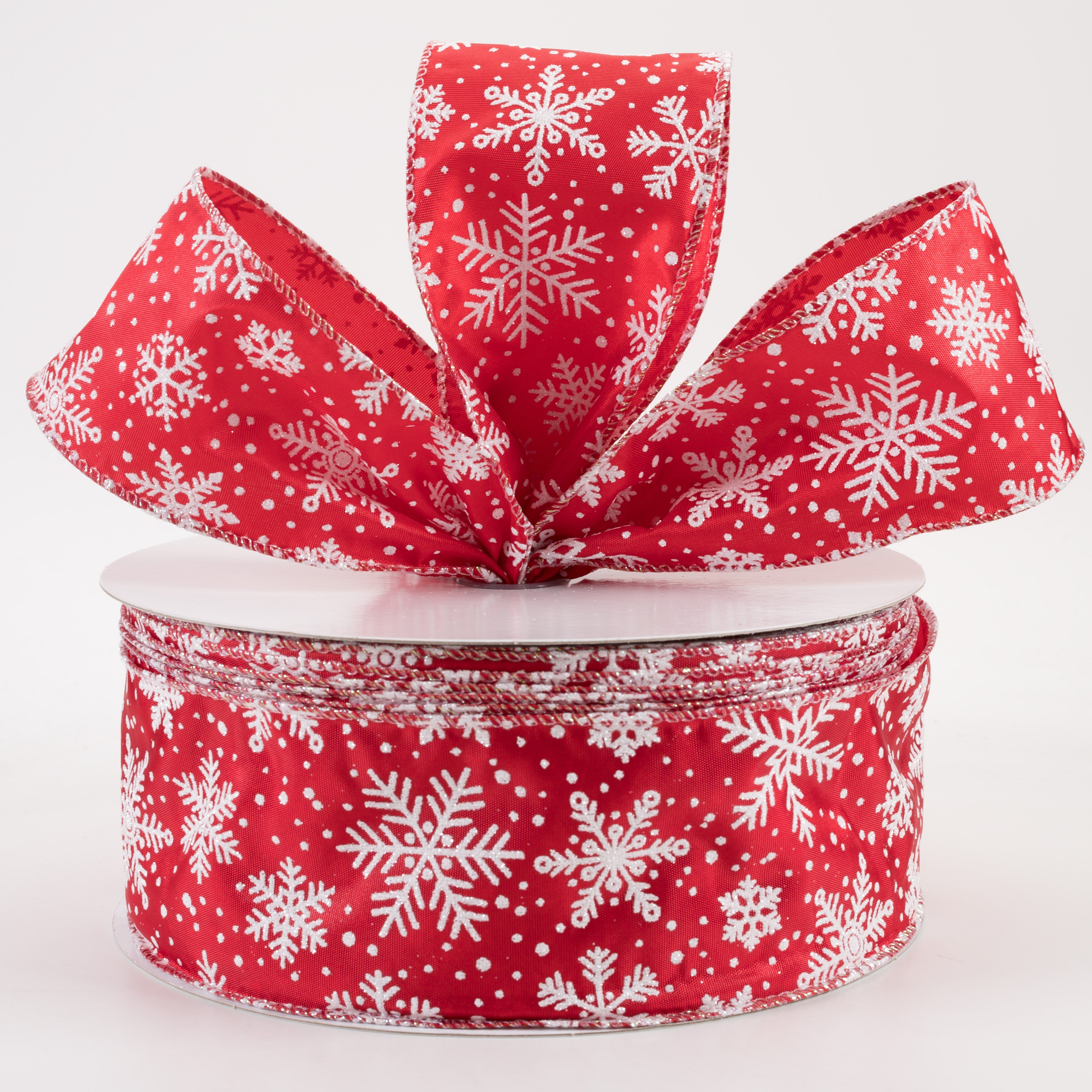 2.5" Satin Glittered Snowflakes Ribbon: Red (50 Yards) Lifestyle Photo