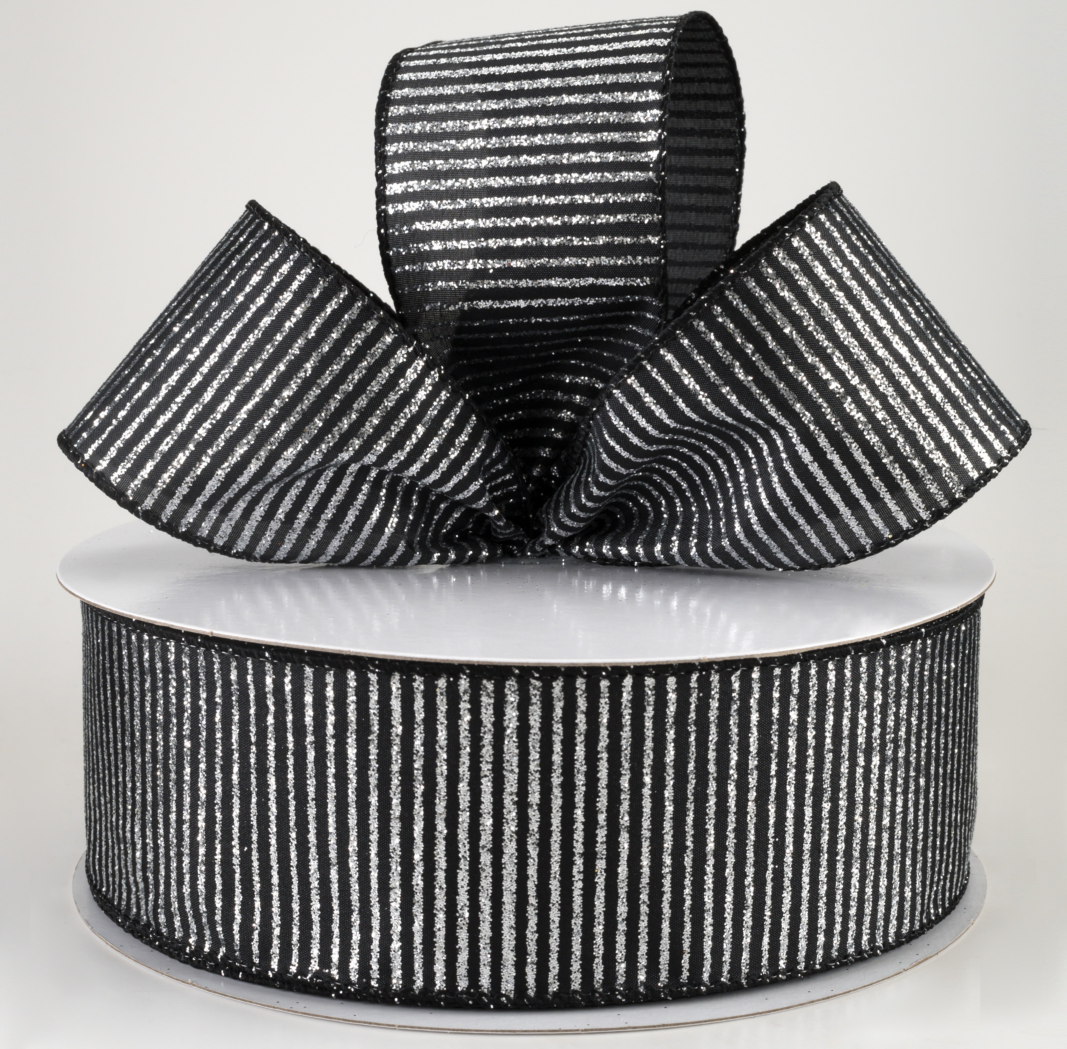 2.5" Satin Horizontal Glitter Stripe Ribbon: Silver on Black (50 Yards) Lifestyle Photo