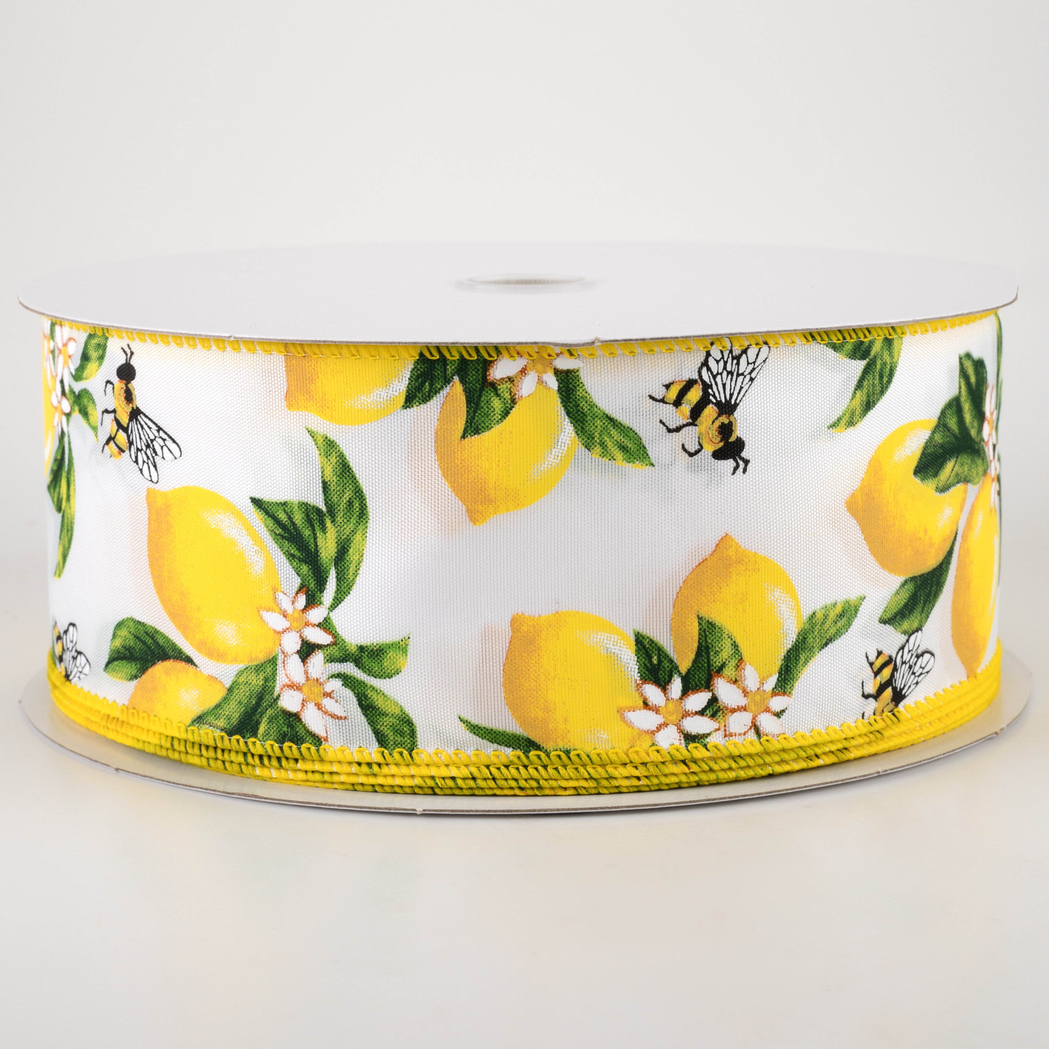 2.5" Satin Lemons & Bees Ribbon: White (50 Yards)