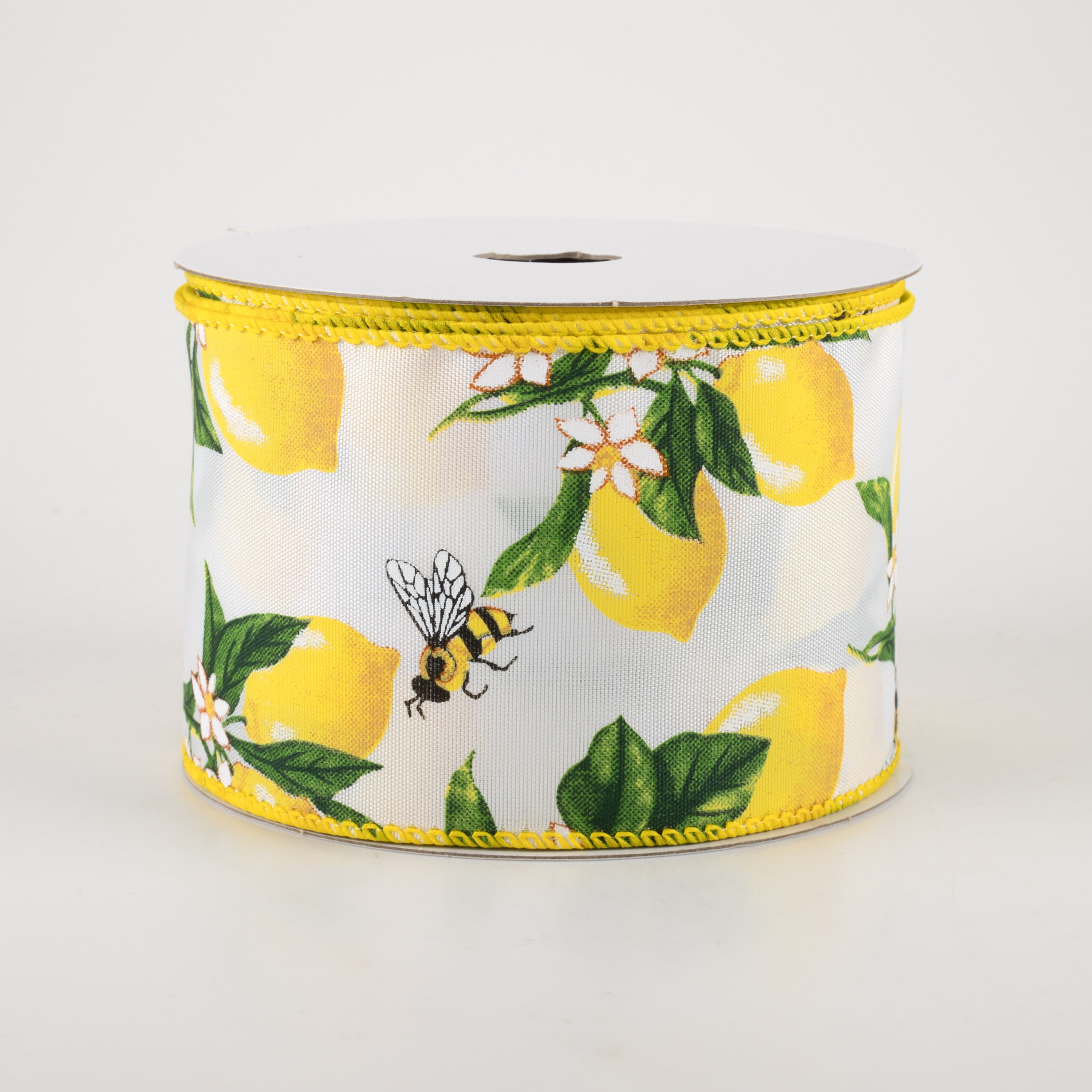2.5" Satin Lemons & Bees Ribbon: White (10 Yards) Item Number: 41236-40-02