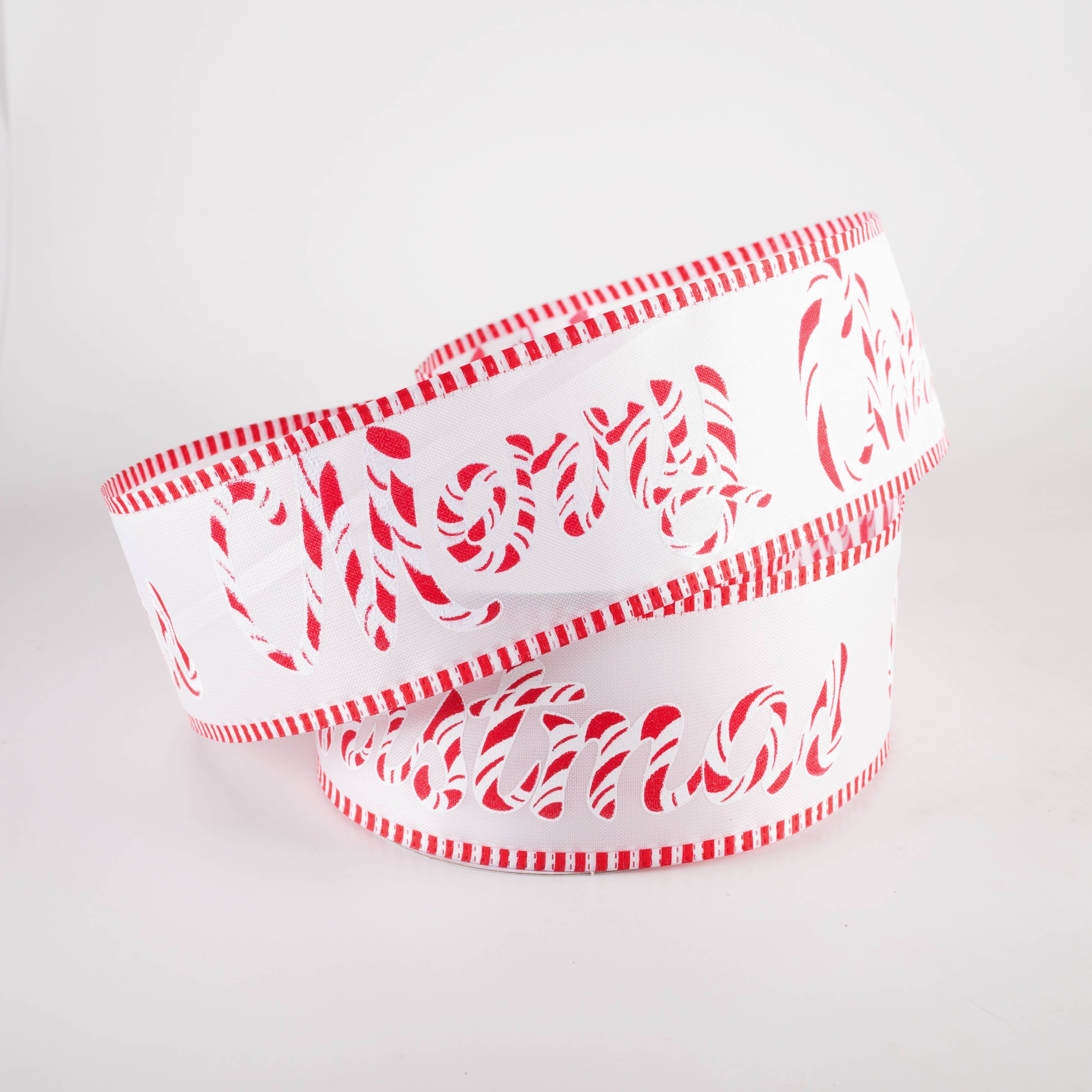 2.5" Satin Peppermint Merry Christmas Stripe Edge Ribbon (10 Yards) Lifestyle Photo