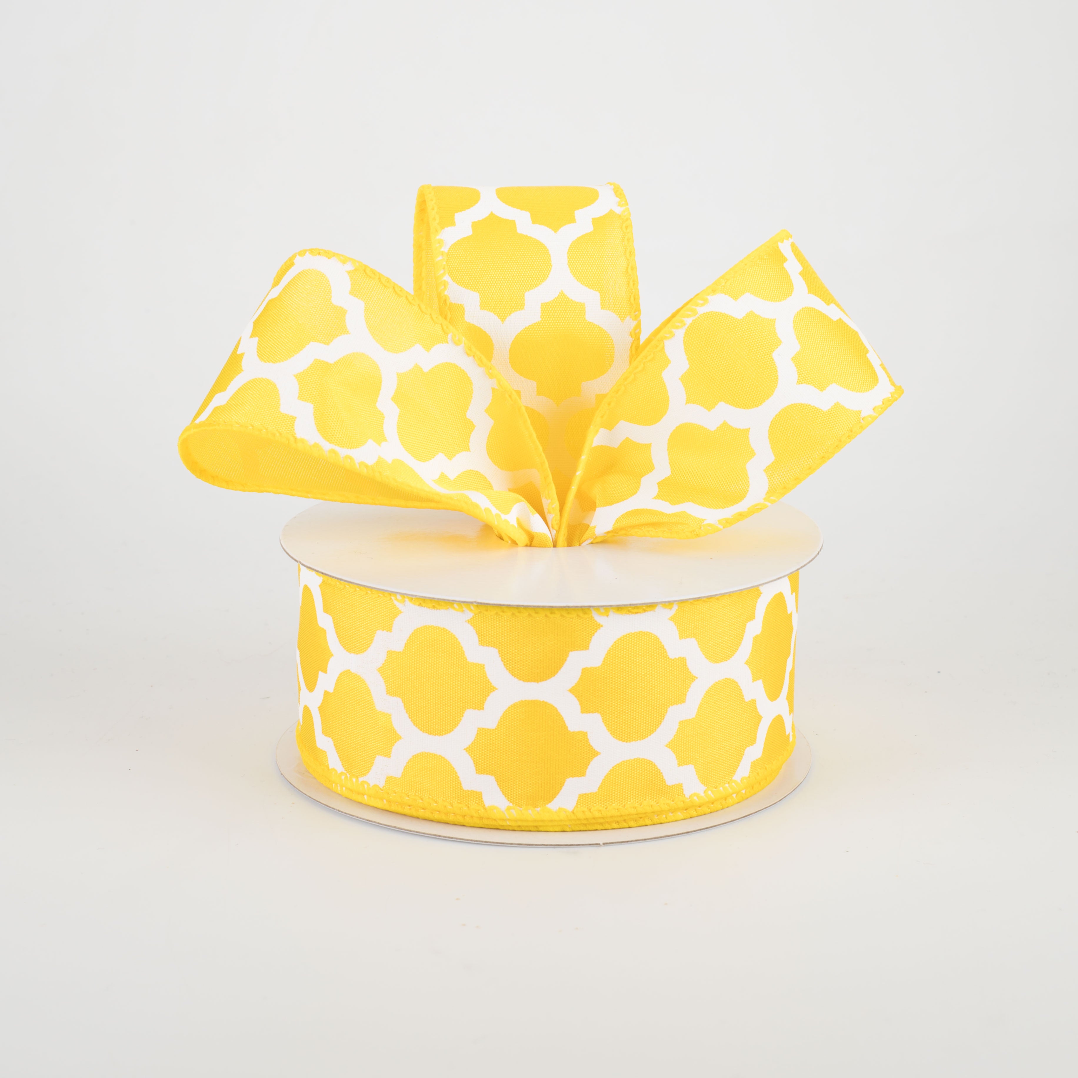 1.5" Satin Quatrefoil Lattice Ribbon: Yellow & White (10 Yards) Lifestyle Photo