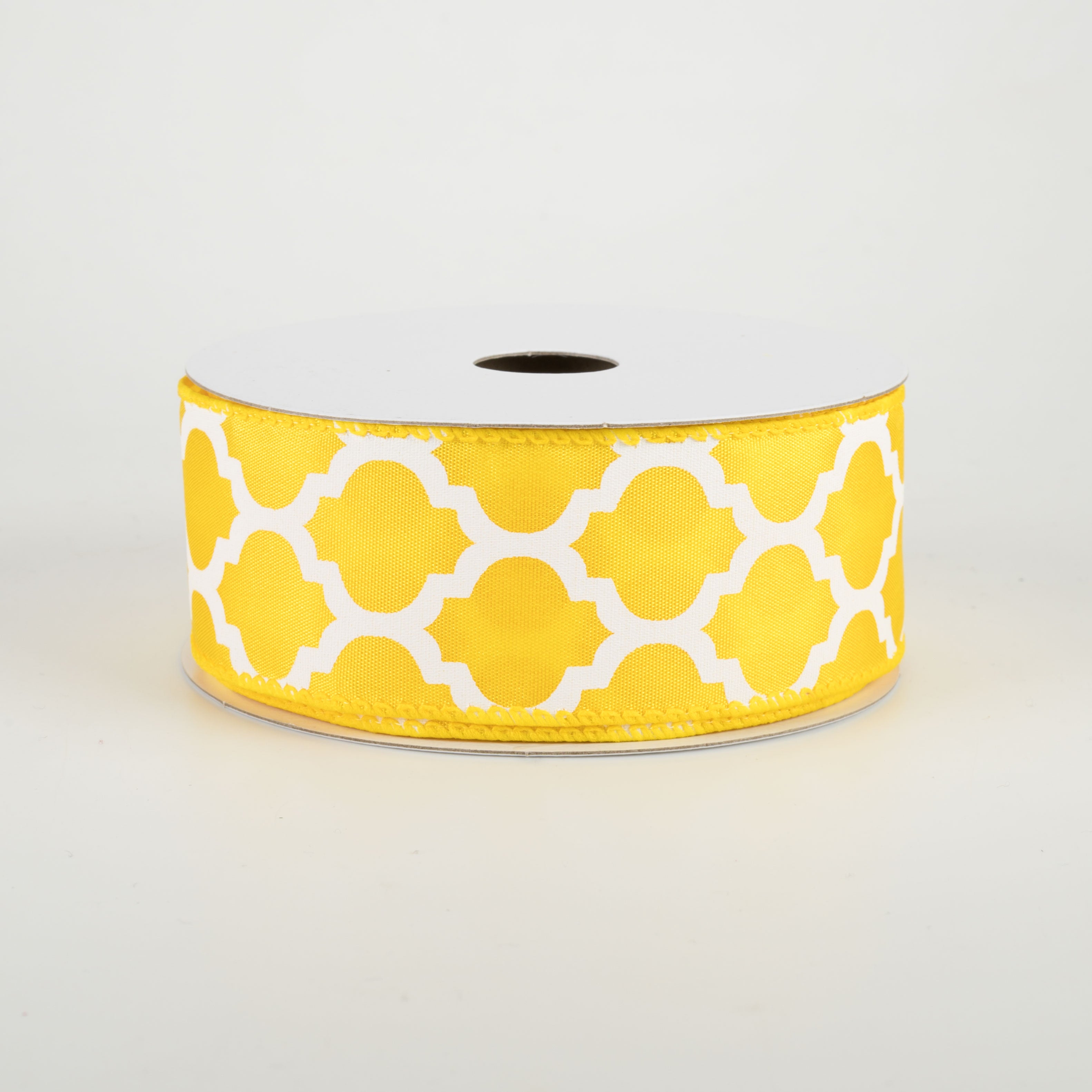 1.5" Satin Quatrefoil Lattice Ribbon: Yellow & White (10 Yards)