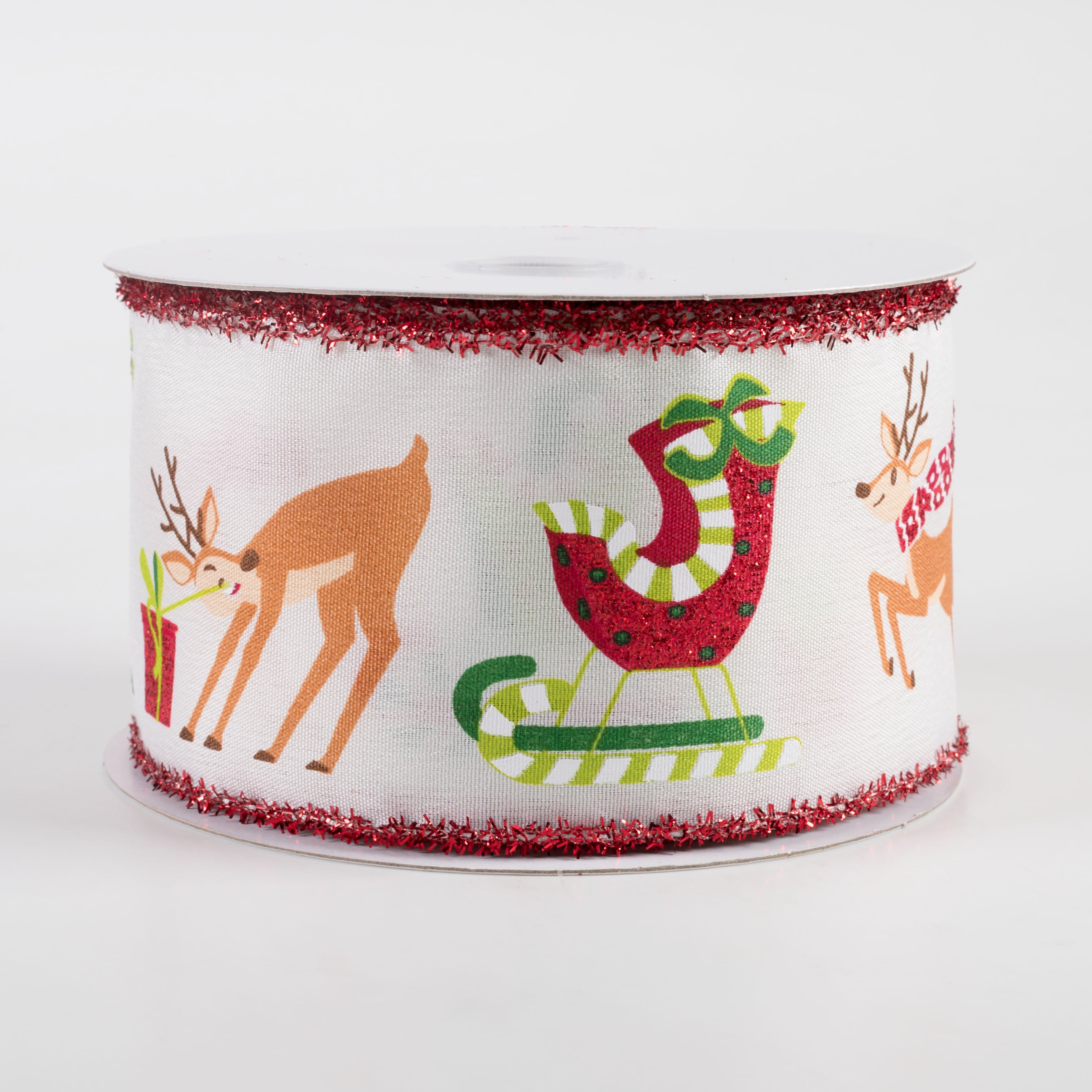 2.5" Satin Santa Sleigh, Reindeer, Tinsel Edge Ribbon: Ivory (10 Yards) Item Number: 71395-40-18