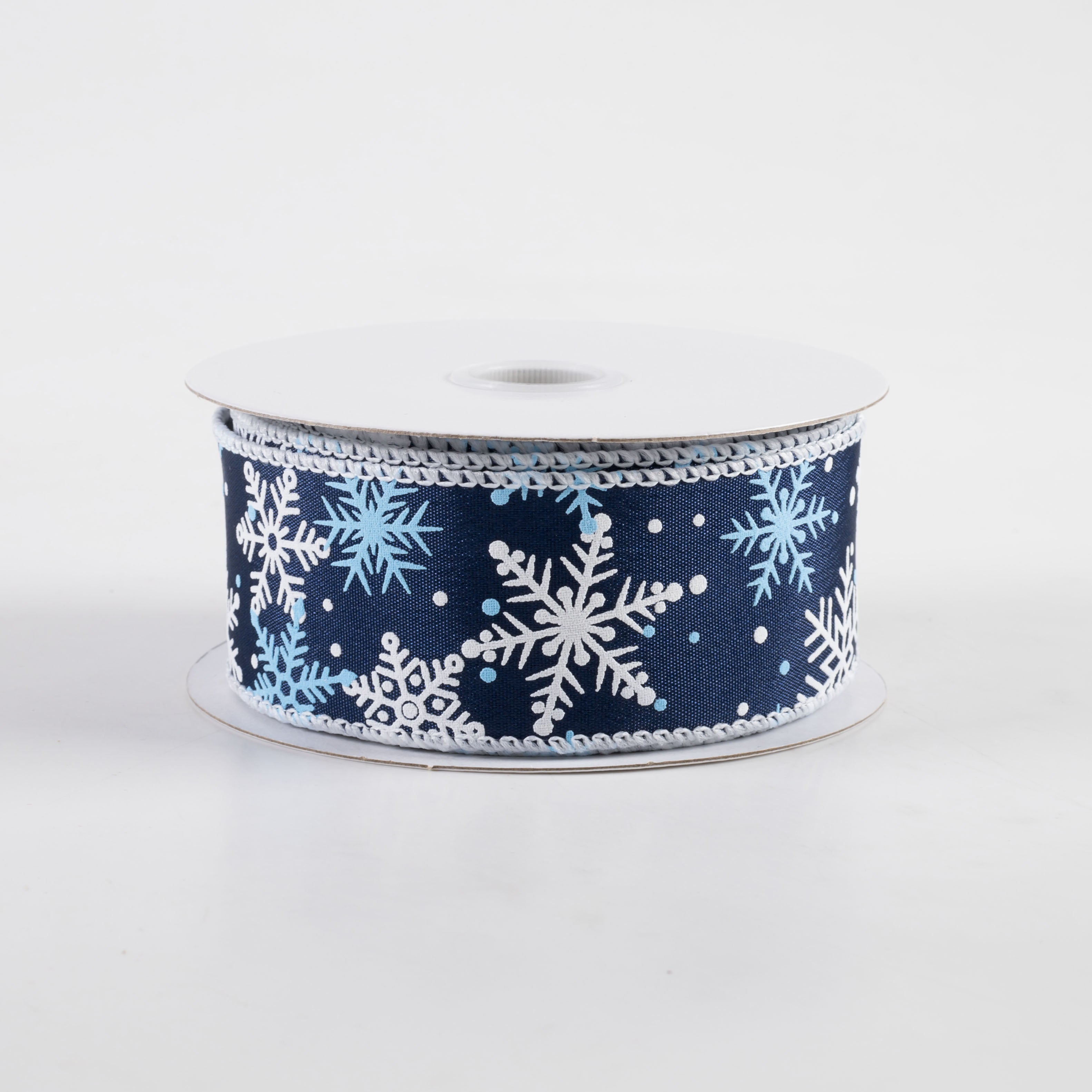 1.5" Satin Snowflakes Dots Ribbon: Navy & Light Blue (10 Yards)