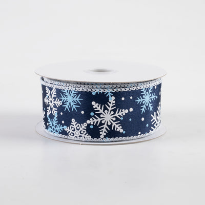 1.5" Satin Snowflakes Dots Ribbon: Navy & Light Blue (10 Yards)