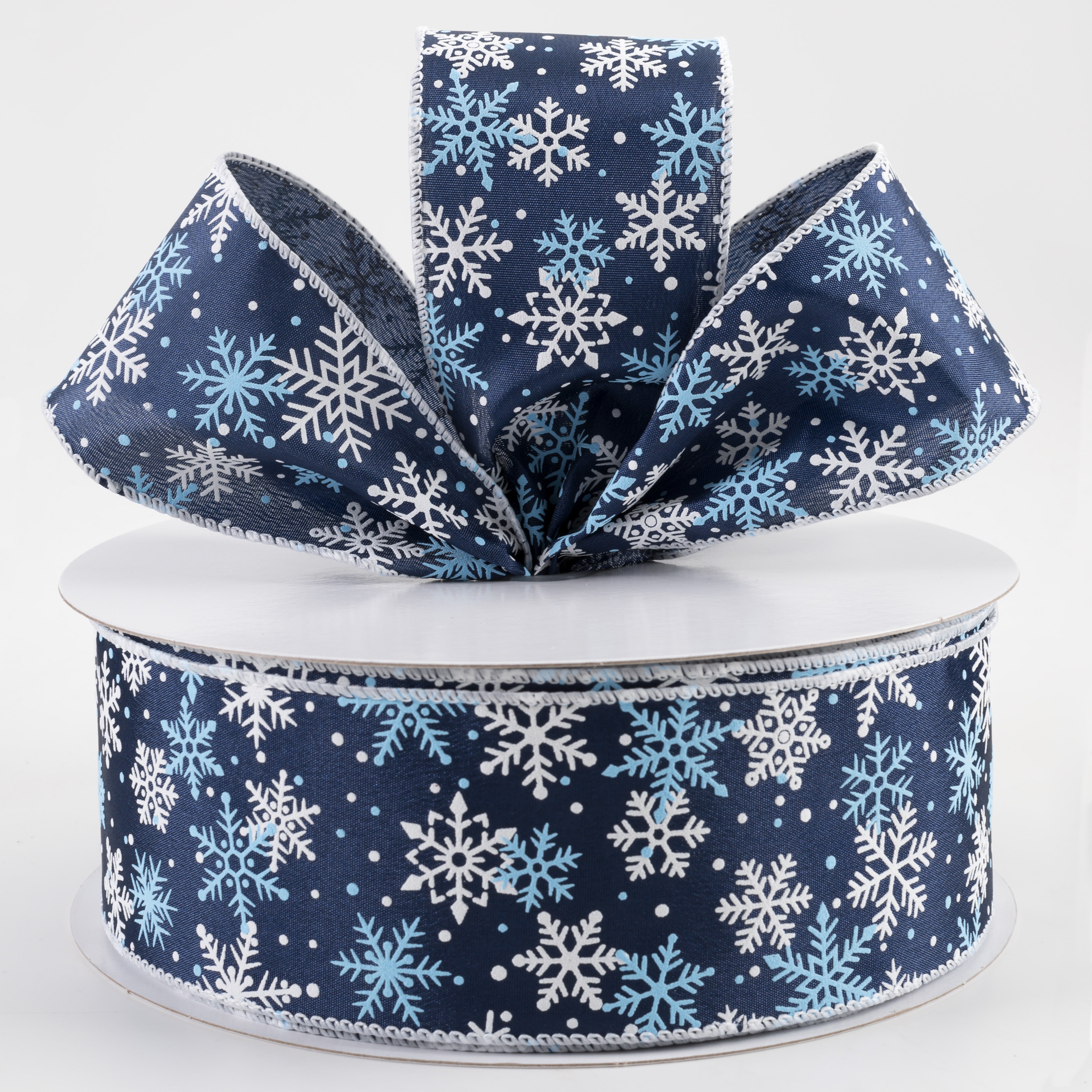 2.5" Satin Snowflakes Dots Ribbon: Navy & Light Blue (50 Yards) Lifestyle Photo