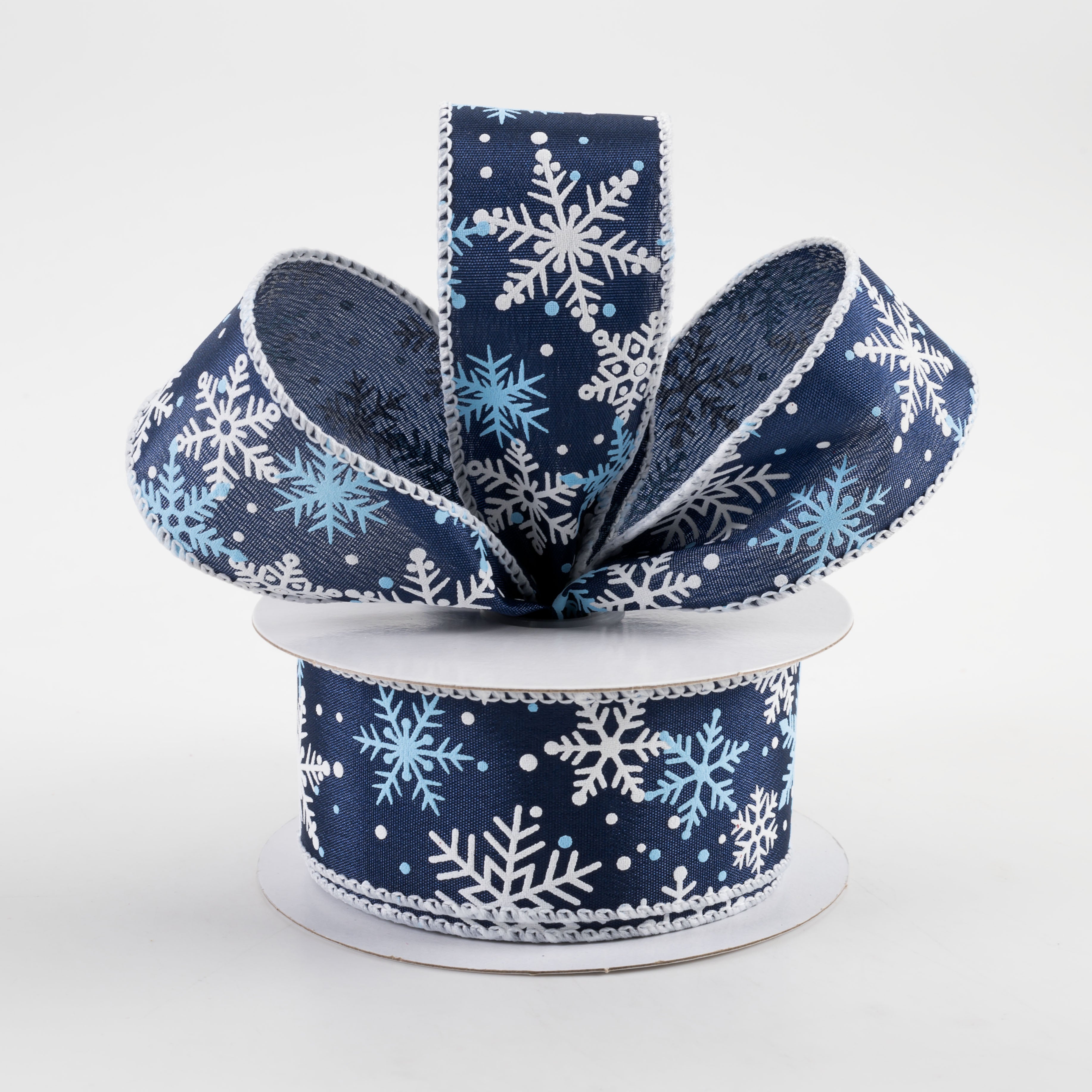 1.5" Satin Snowflakes Dots Ribbon: Navy & Light Blue (10 Yards) Lifestyle Photo