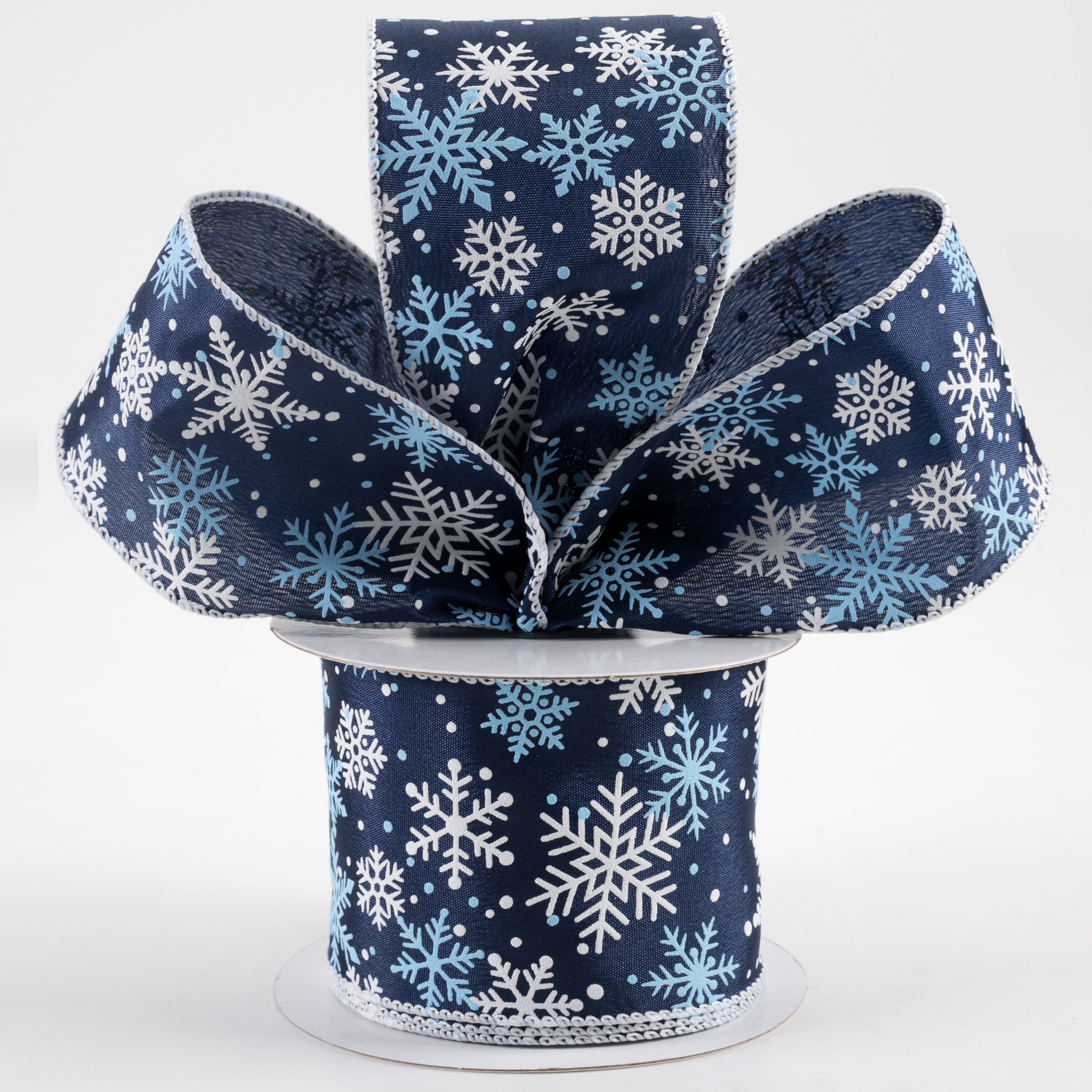 2.5" Satin Snowflakes Dots Ribbon: Navy & Light Blue (10 Yards) Lifestyle Photo