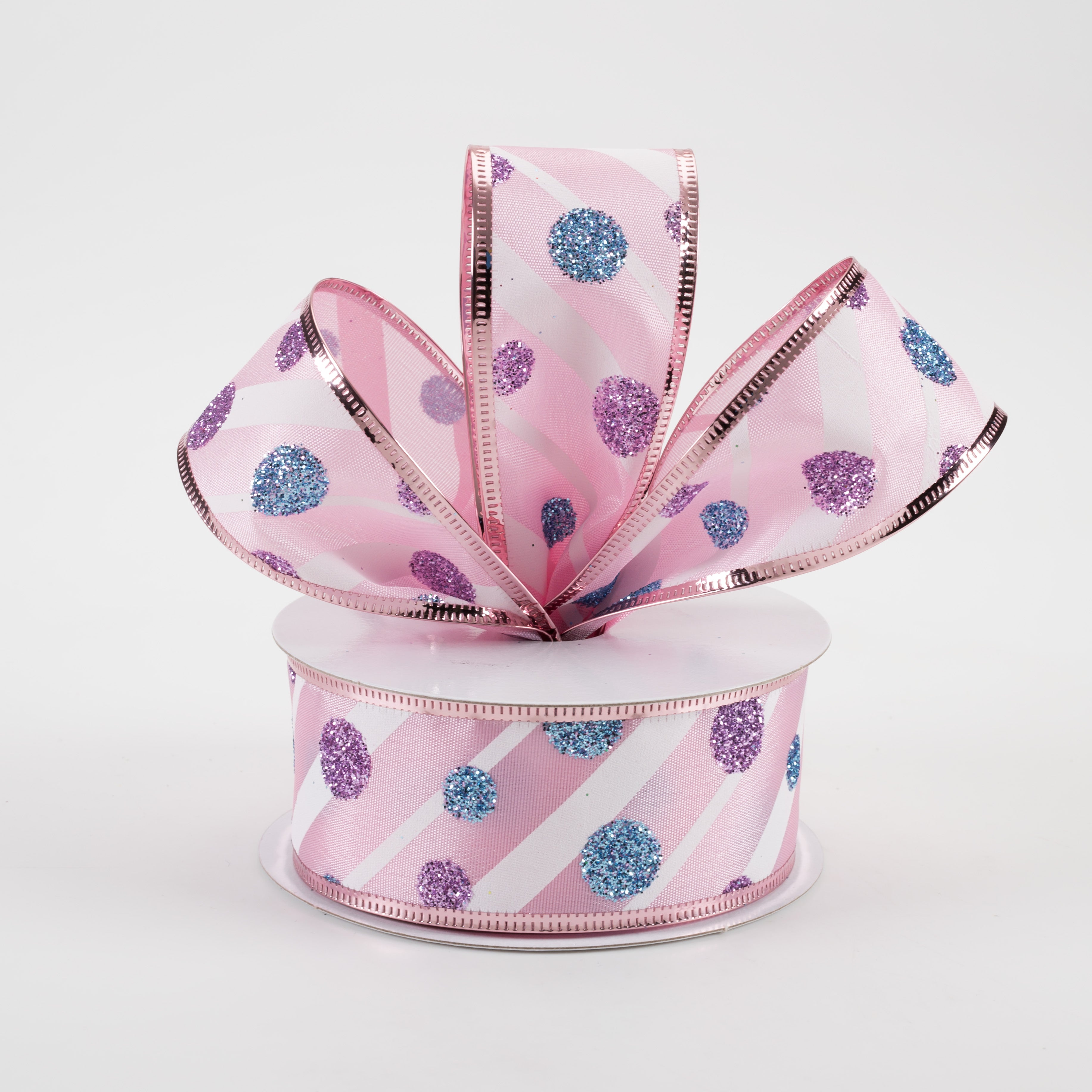 1.5" Satin Stripes and Glitter Dots Ribbon: Pink, White, Blue, Lavender (10 Yards) Lifestyle Photo