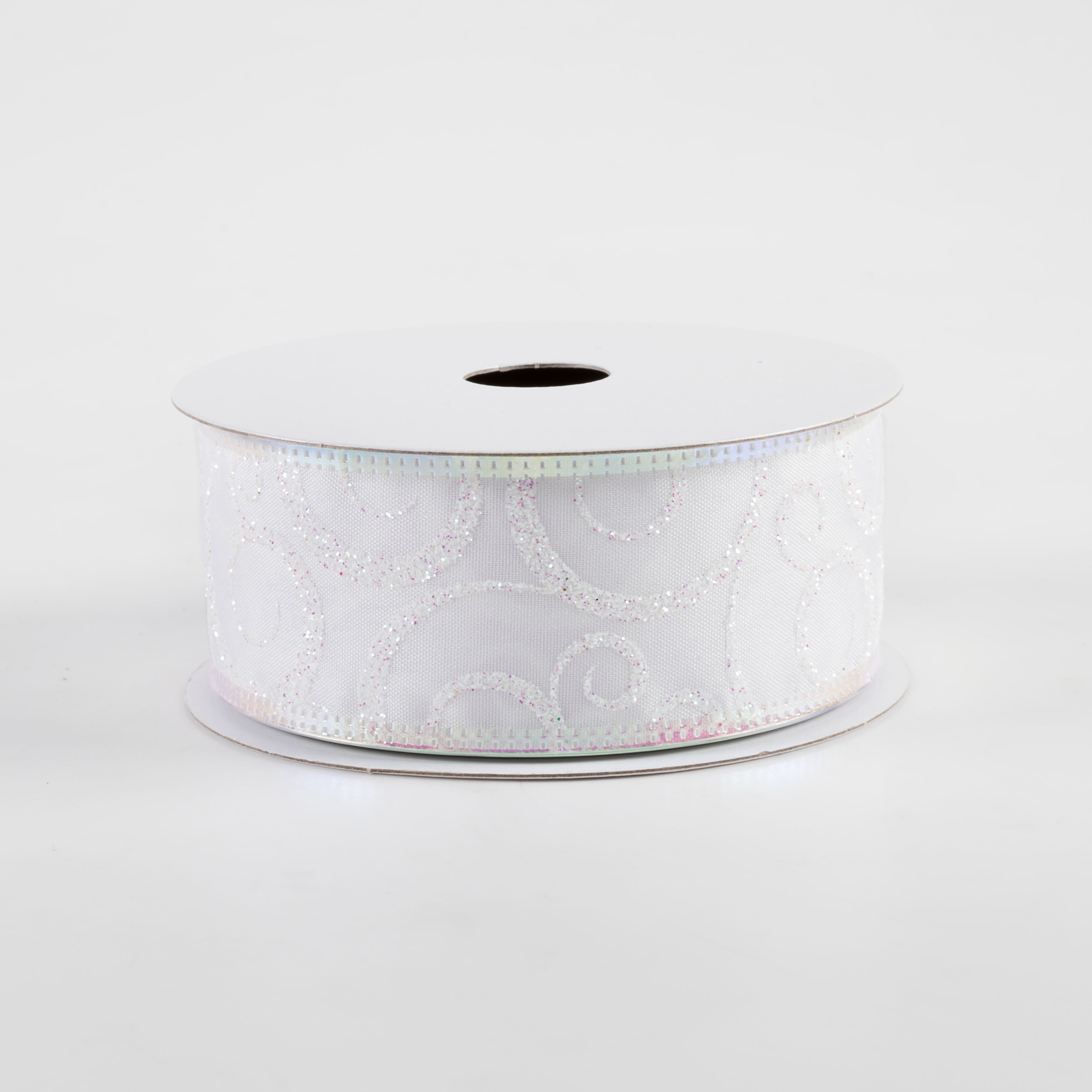 1.5" Satin Swirl Metallic Edge Ribbon: White & Iridescent (10 Yards) Item Number: 76304-09-01