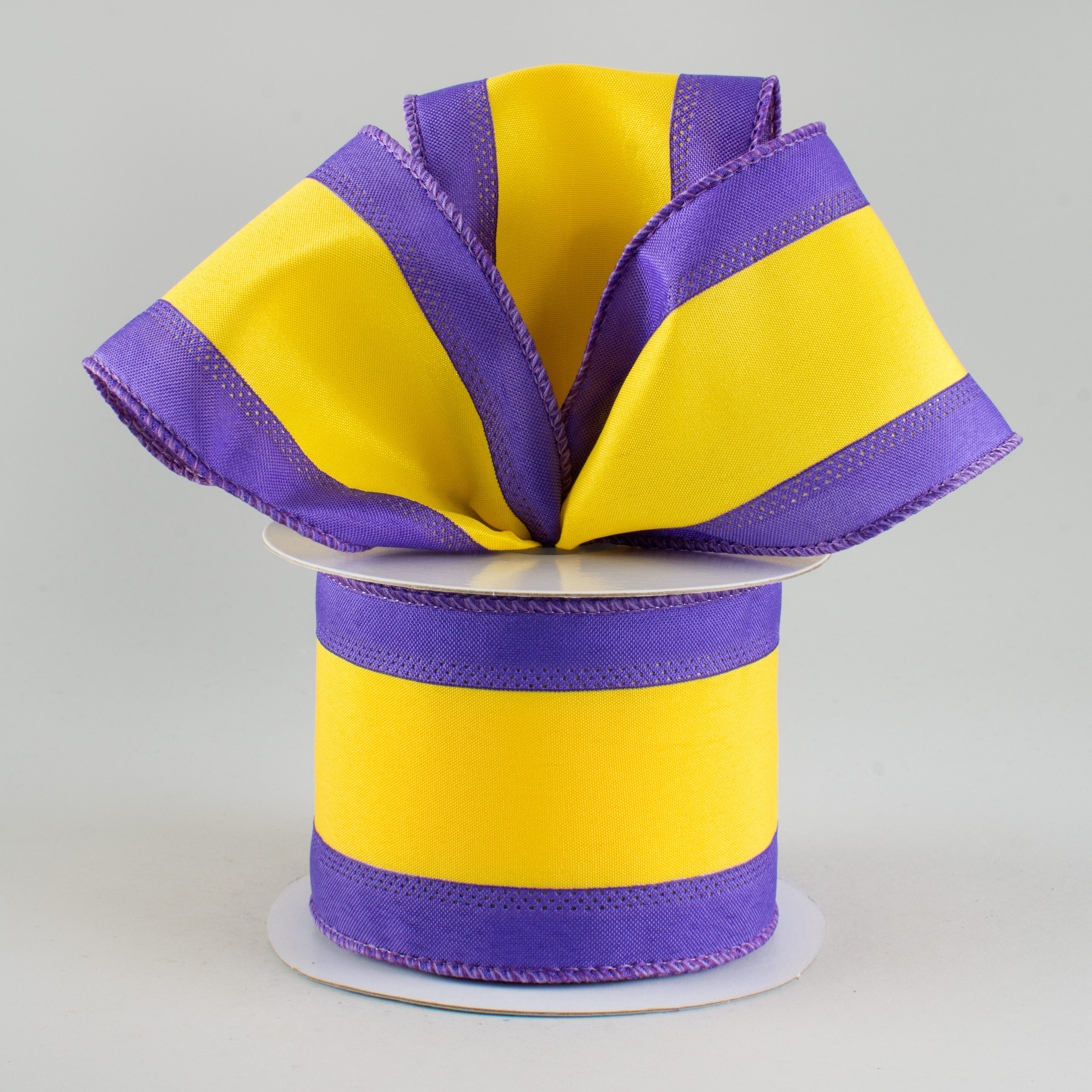 2.5" Satin Team Stripe Ribbon: Purple & Gold (10 Yards) Lifestyle Photo