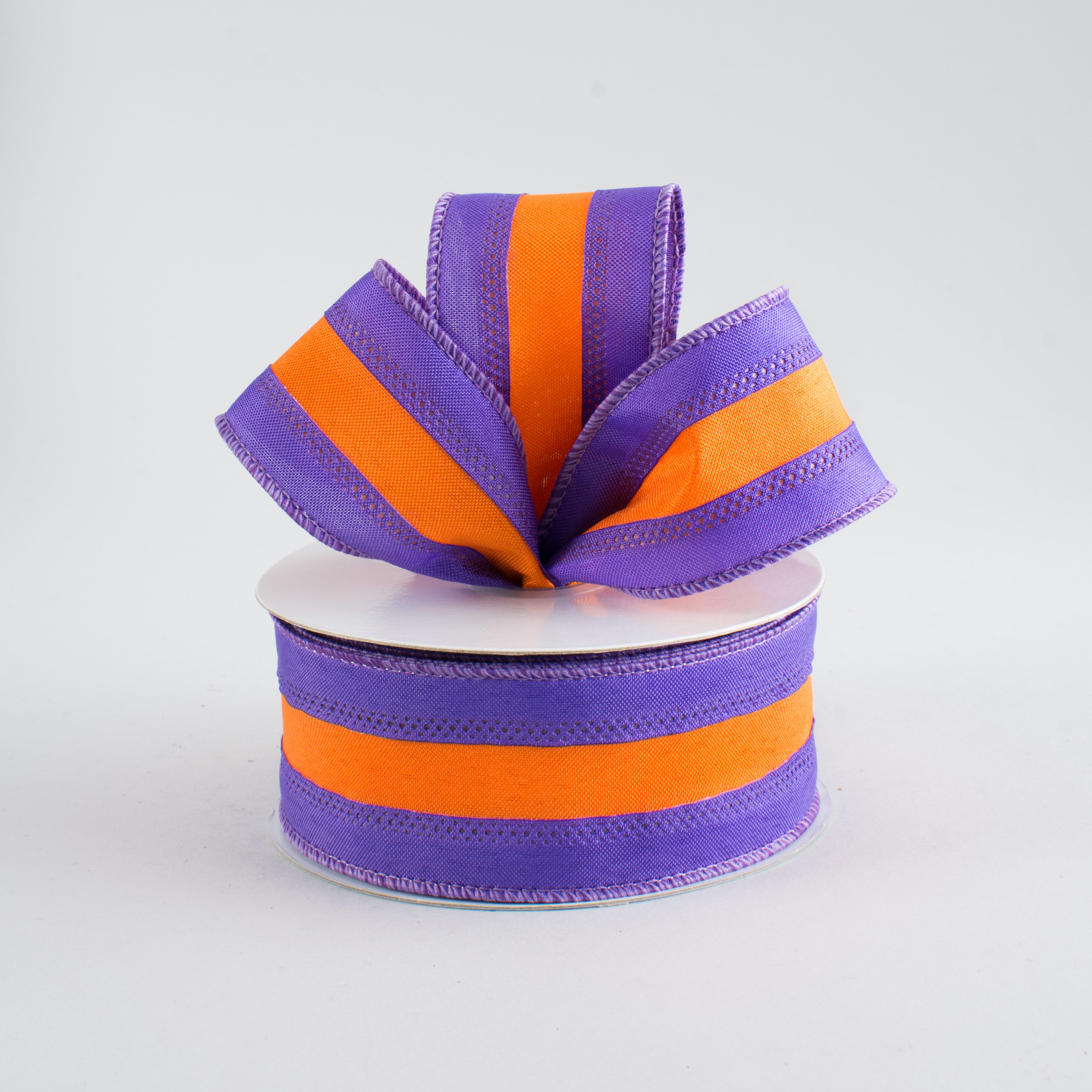 1.5" Satin Team Stripe Ribbon: Purple & Orange (10 Yards) Lifestyle Photo