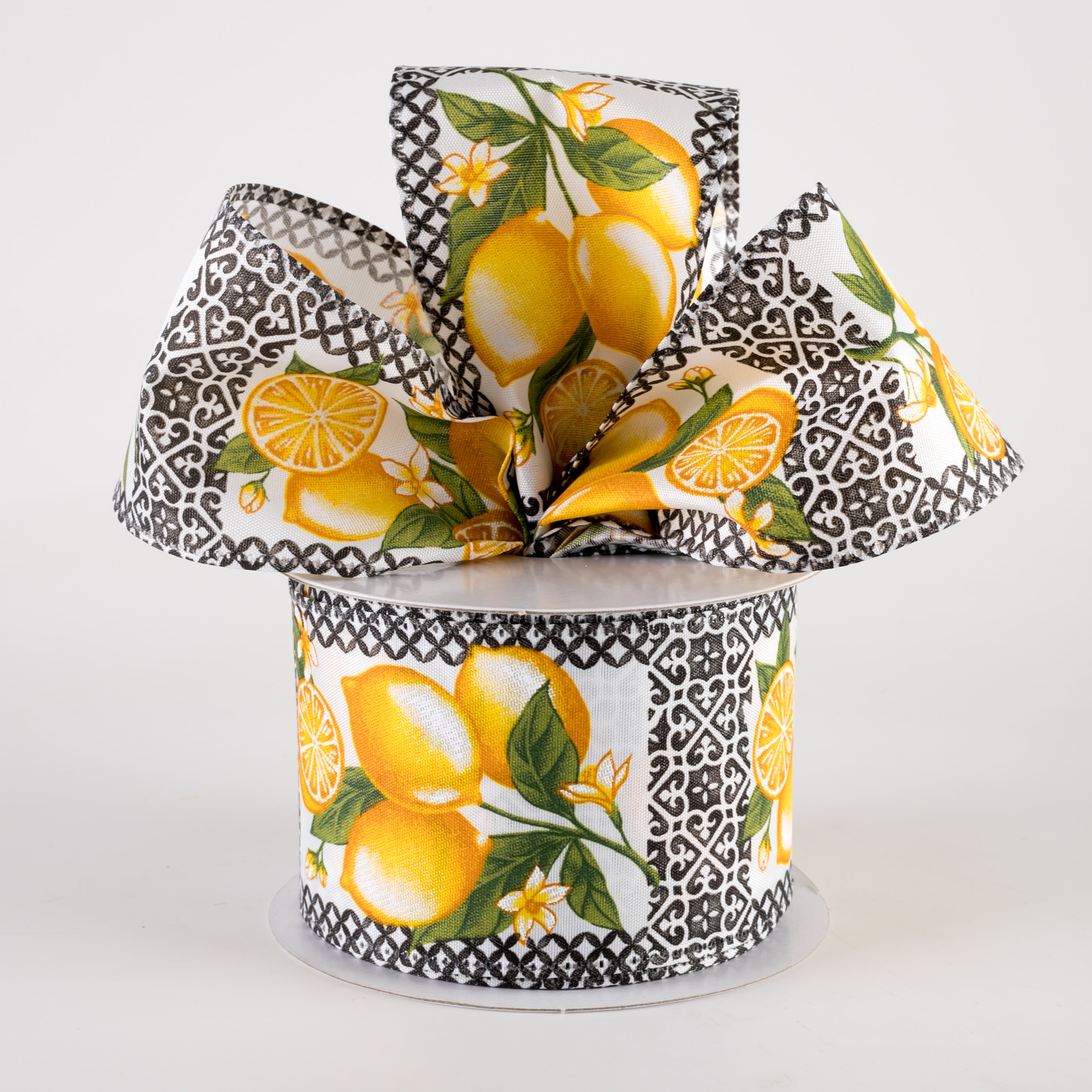 2.5" Satin Tile Squares Lemons Ribbon: Black & White (10 Yards) Lifestyle Photo