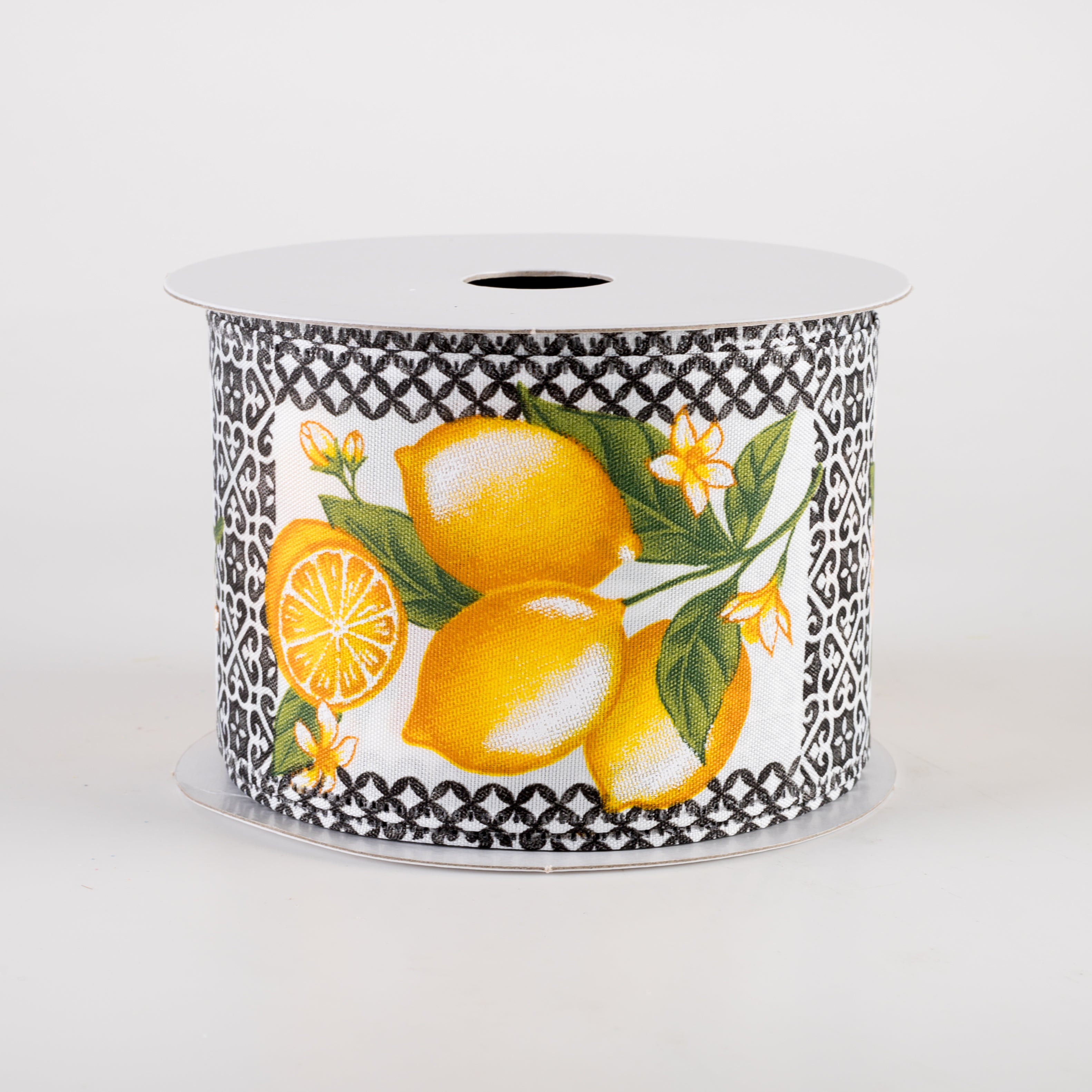 2.5" Satin Tile Squares Lemons Ribbon: Black & White (10 Yards) Item Number: 46409-40-21
