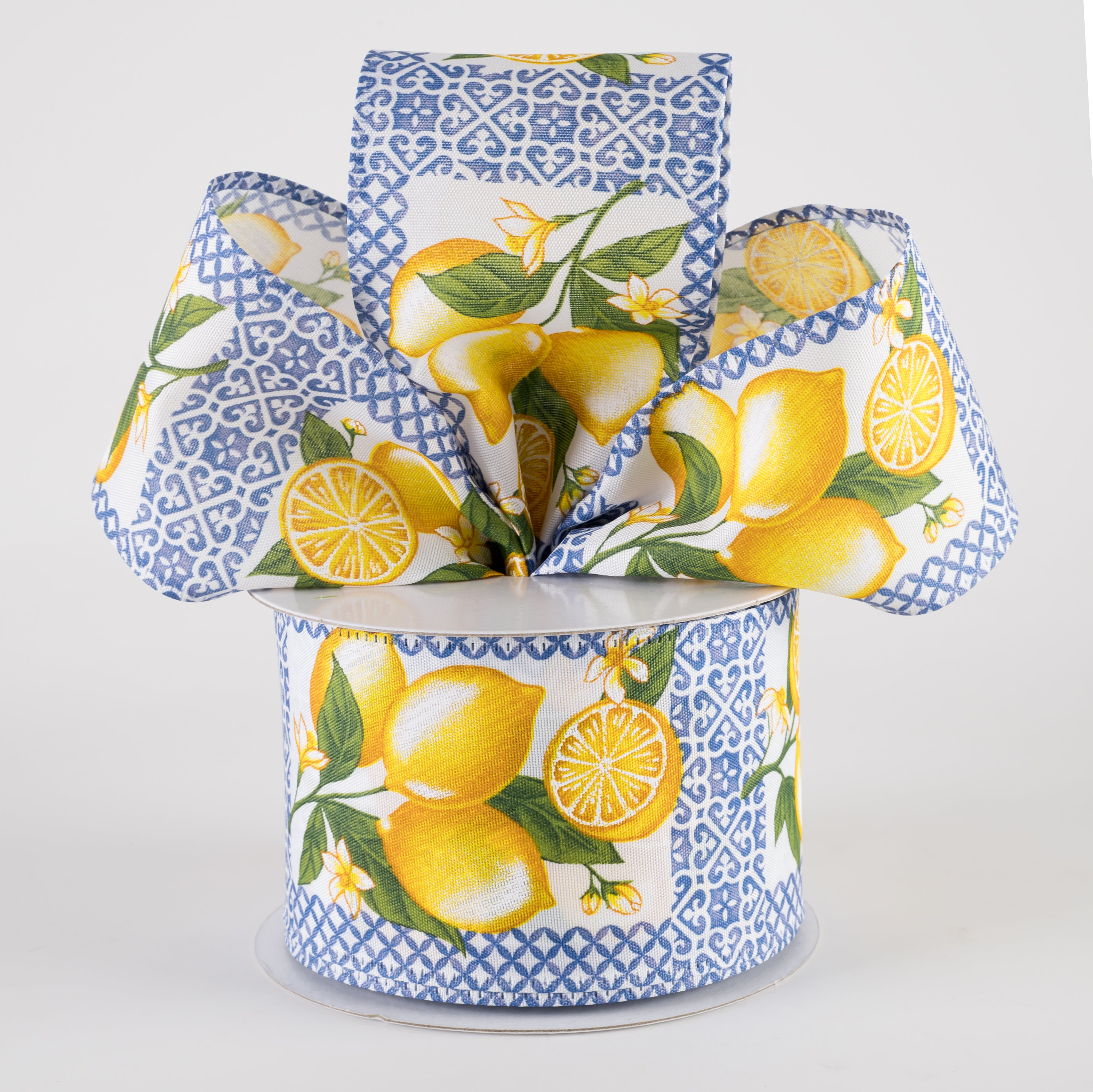 2.5" Satin Tile Squares Lemons Ribbon: Blue & White (10 Yards) Lifestyle Photo