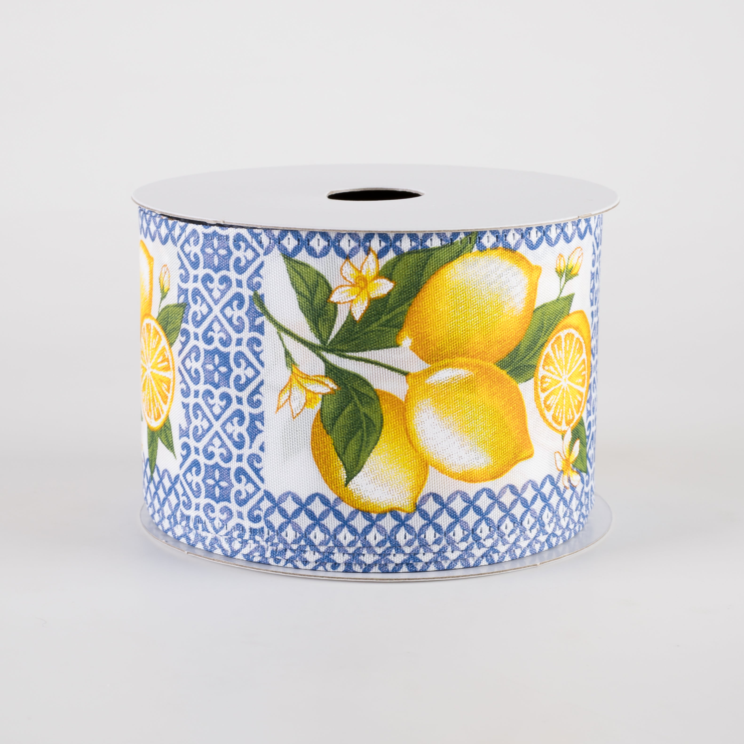 2.5" Satin Tile Squares Lemons Ribbon: Blue & White (10 Yards)