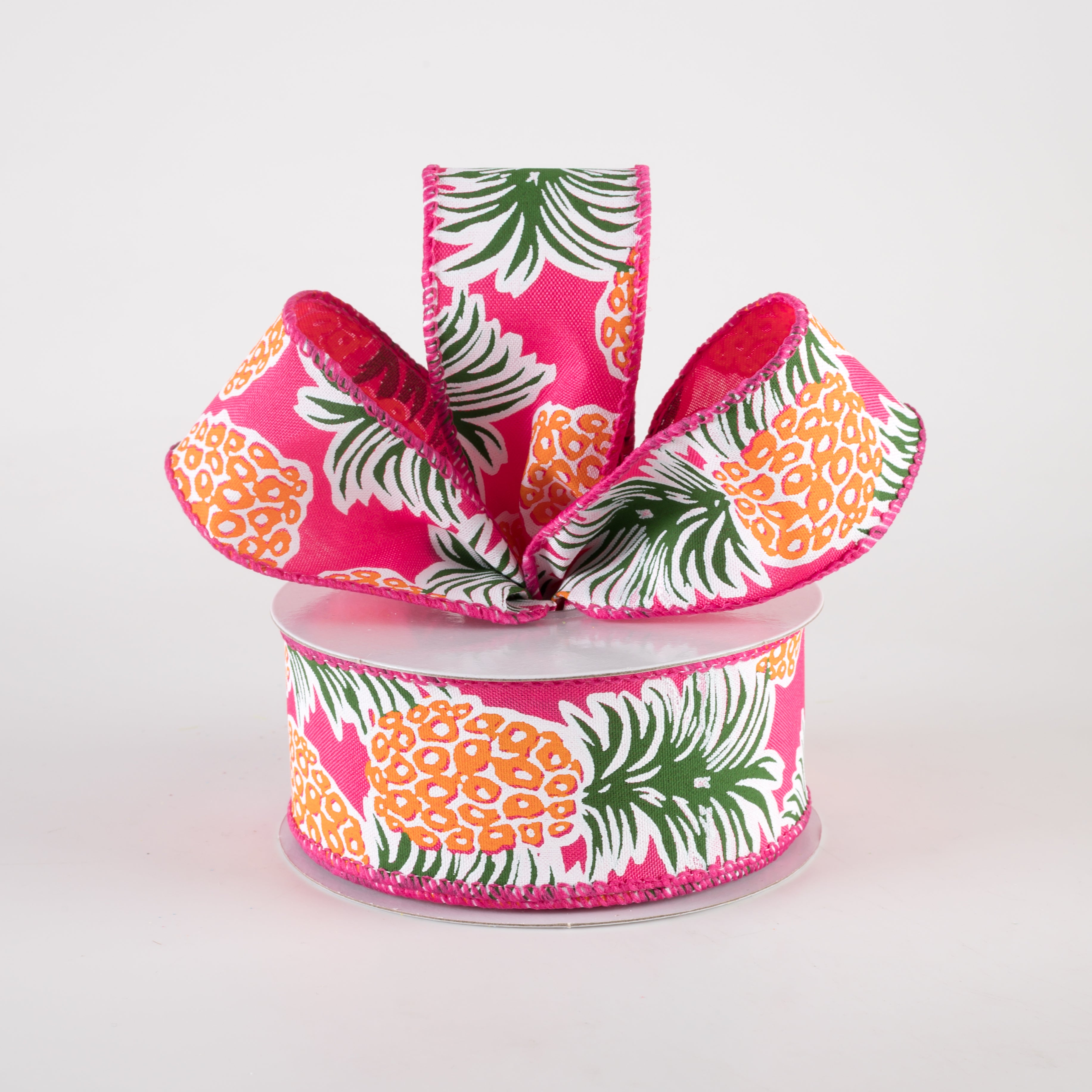 1.5" Satin Tropical Pineapples Ribbon: Fuchsia Pink (10 Yards) Lifestyle Photo