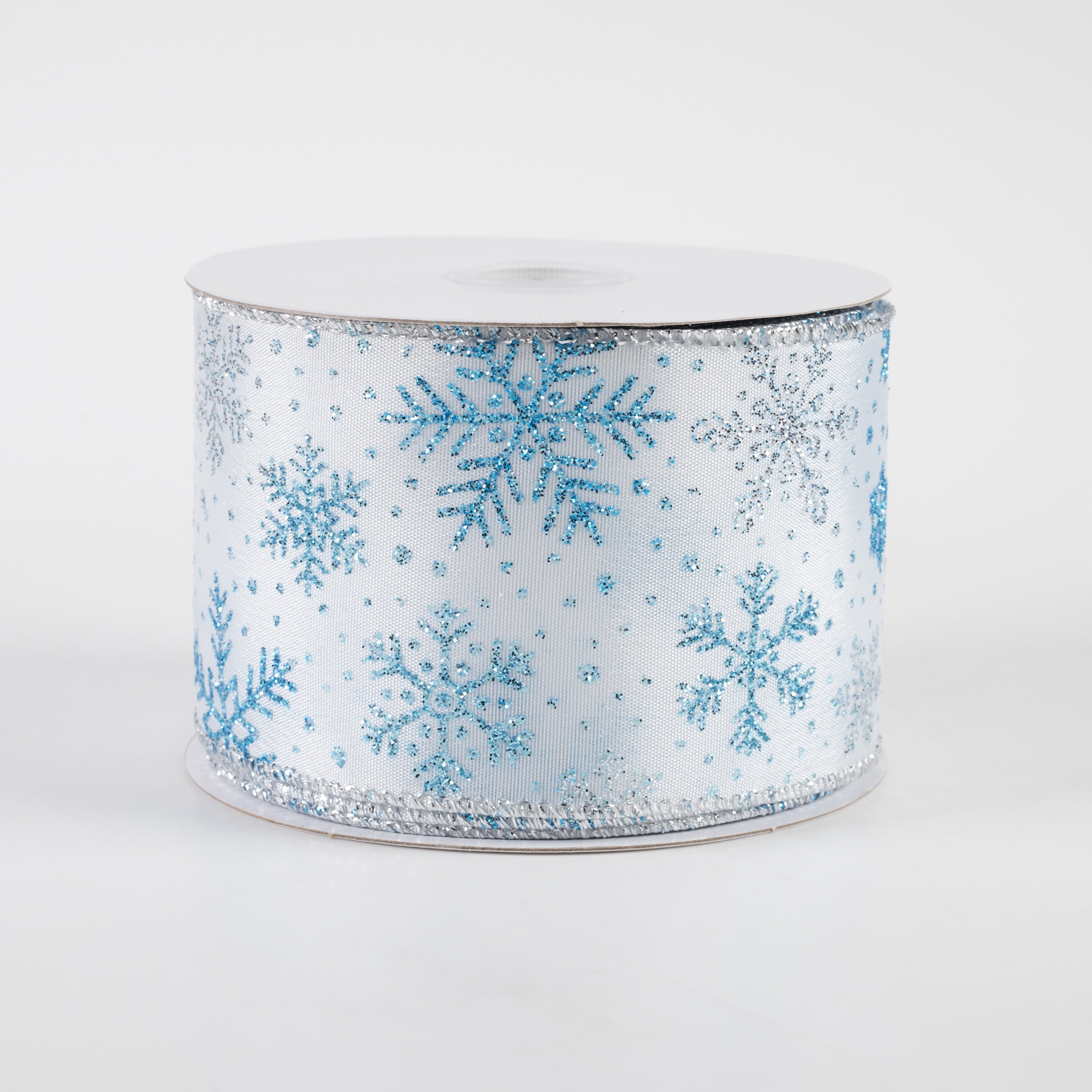 2.5" Satin Turquoise & Silver Glitter Snowflakes Ribbon (10 Yards)
