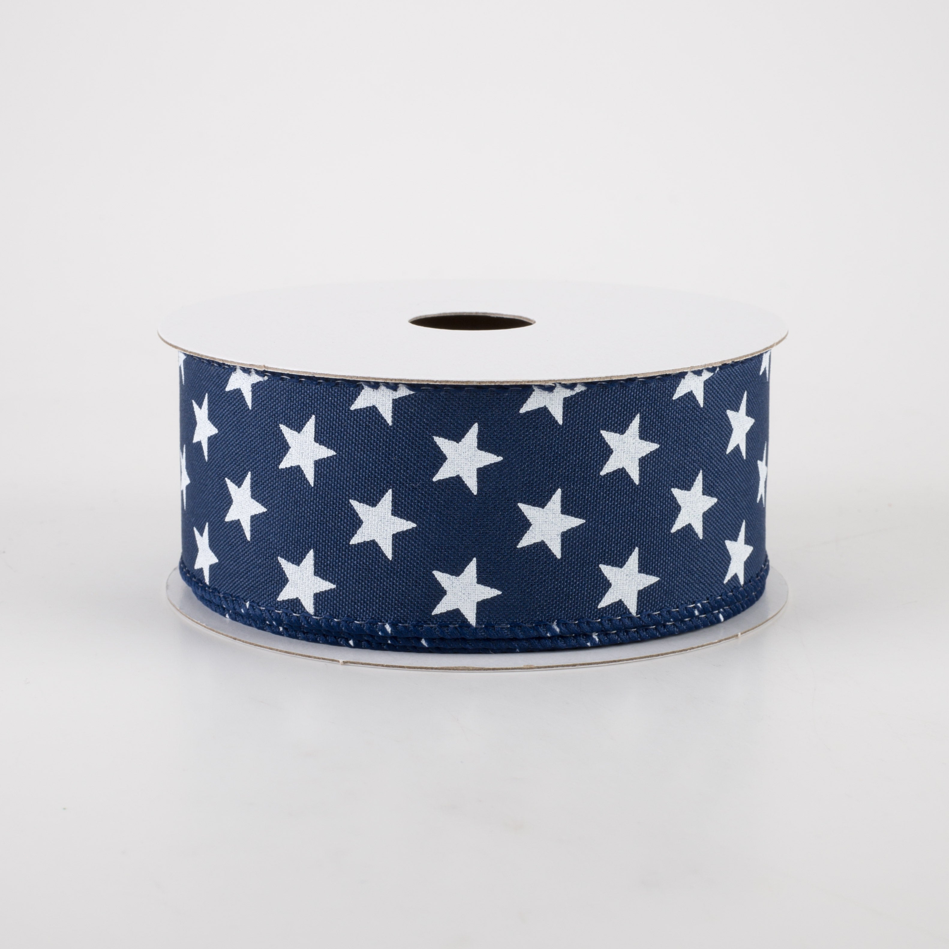 1.5" Satin White Stars Ribbon: Navy (10 Yards)