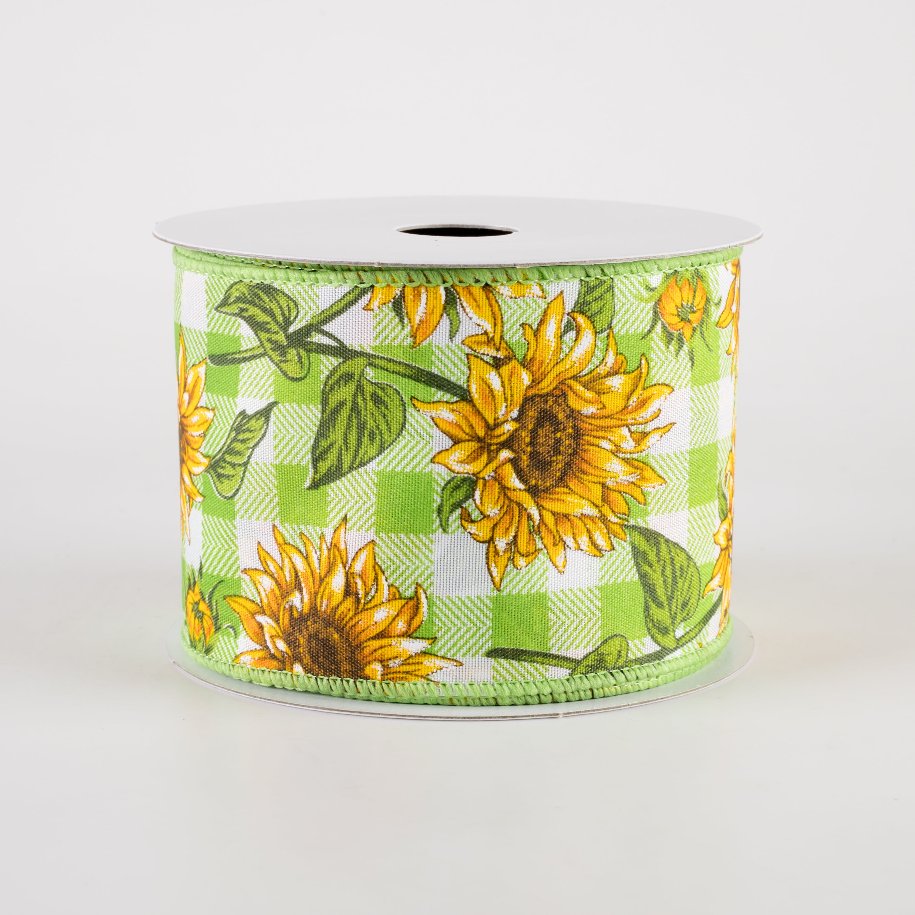2.5" Satin Wild Sunflowers Check Ribbon: Lime & White (10 Yards) Item Number: 42445-40-09