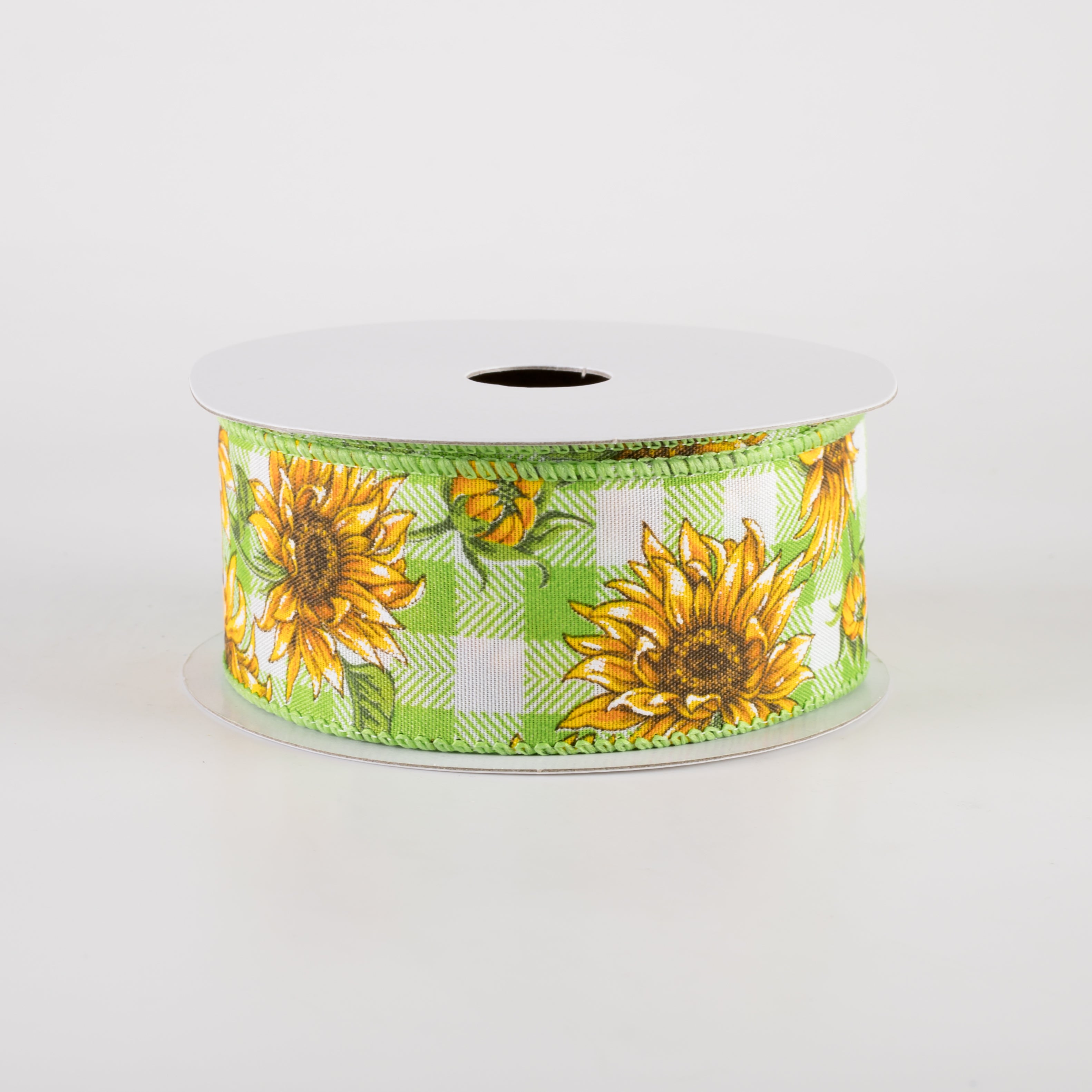 1.5" Satin Wild Sunflowers Check Ribbon: Lime & White (10 Yards) Item Number: 42445-09-09