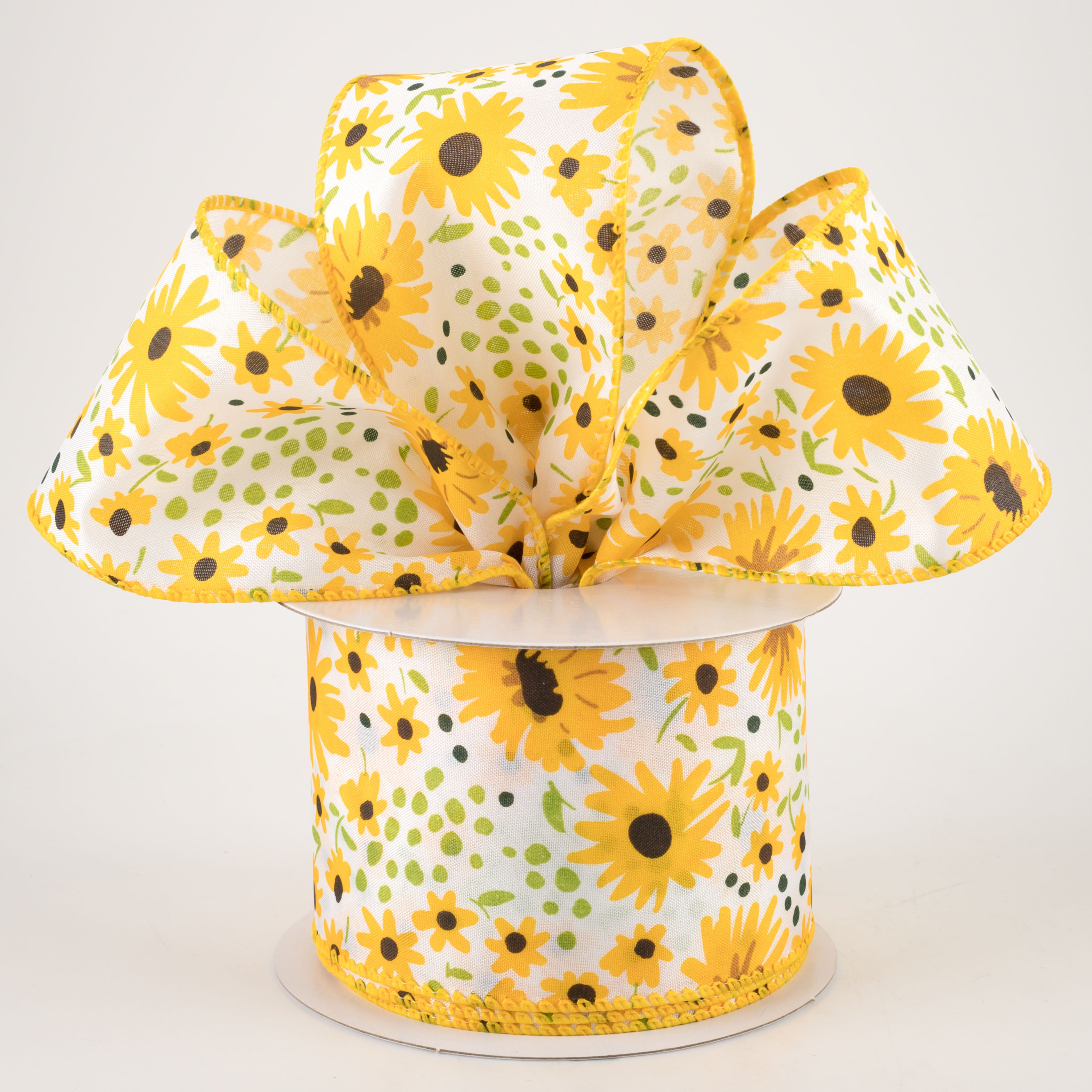 2.5" Satin Yellow Wildflowers Ribbon: White (10 Yards) Lifestyle Photo