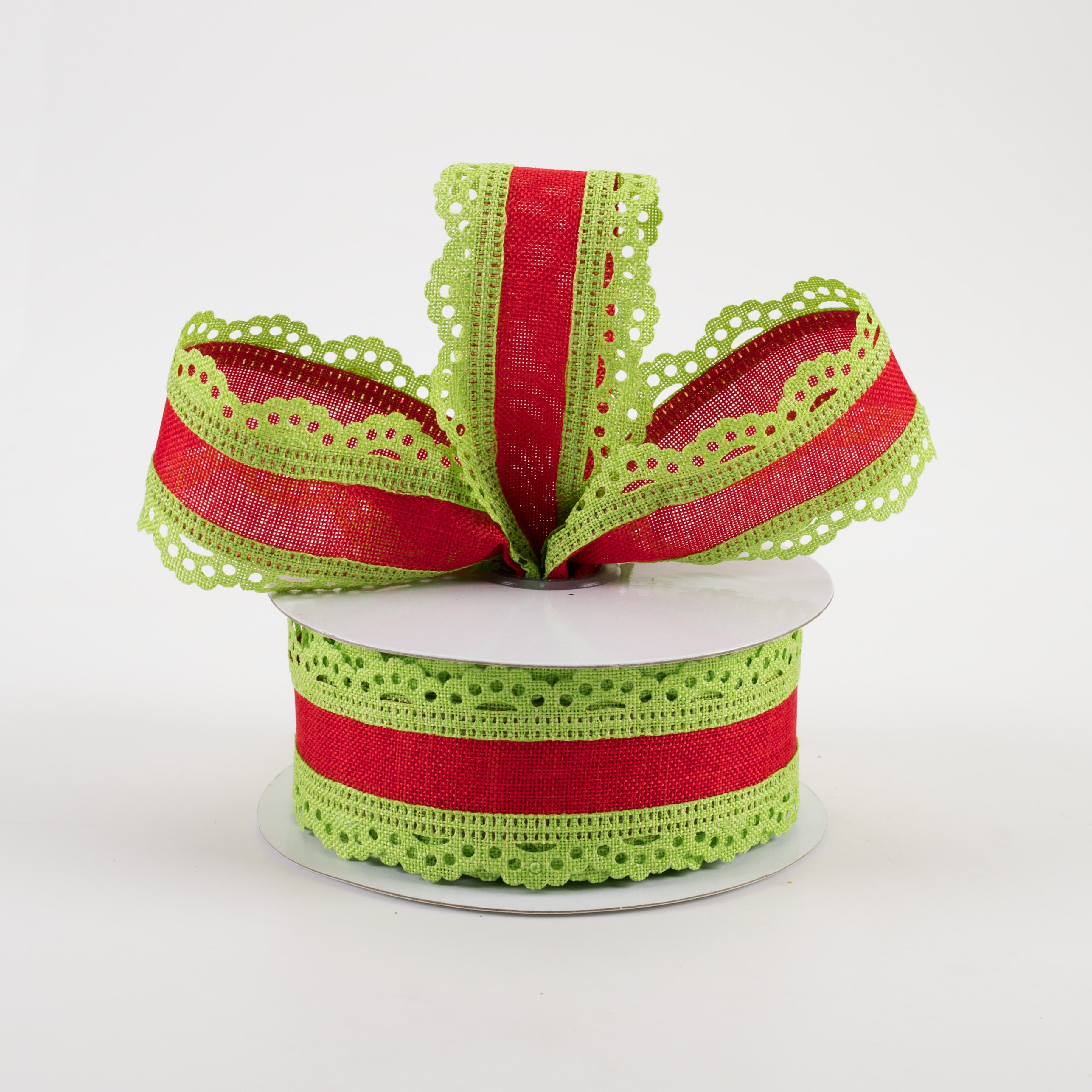 1.5" Scalloped Edge Ribbon: Lime Green & Red (10 Yards) Lifestyle Photo