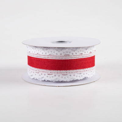 1.5" Scalloped Edge Ribbon: White & Red (10 Yards)