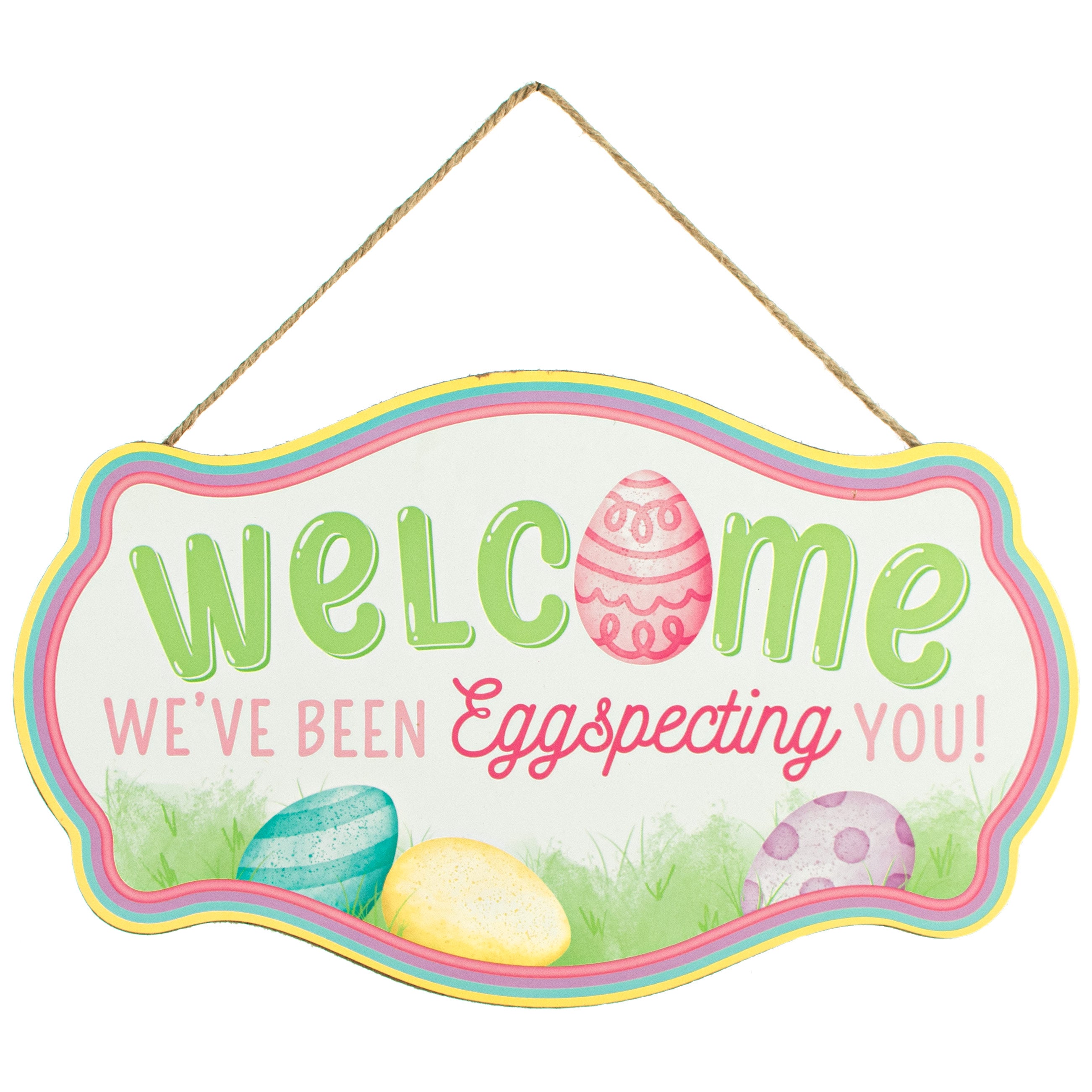12" Scalloped Wood Sign: Welcome EGGspecting You Item Number: AP7328