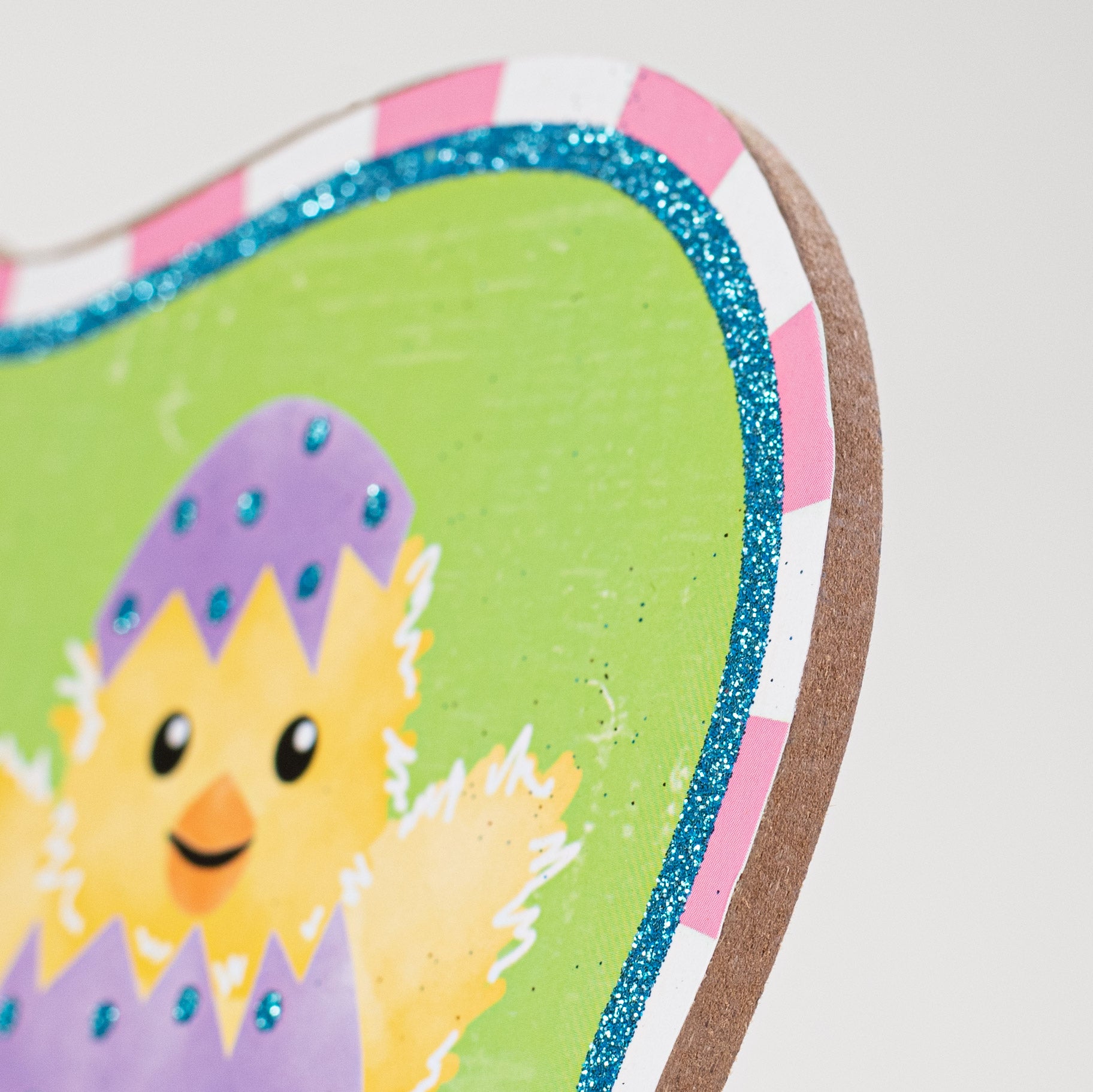 10" Scalloped Wooden Glittered Sign: Chick Ready for Easter detail photo 3
